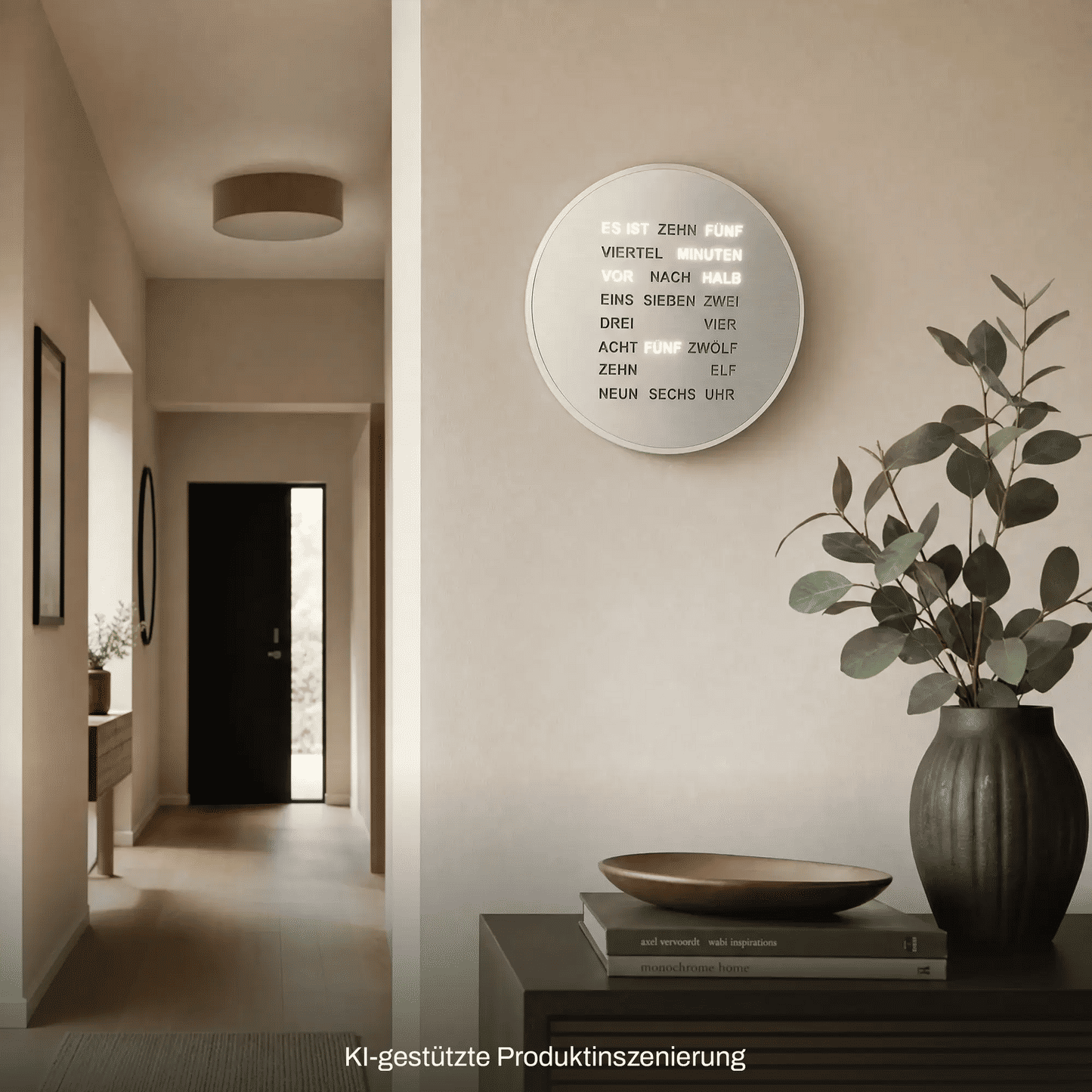 Runde LED-Wortanzeige-Uhr an der Wand, silbernes Runddisplay mit Zeitwörtern