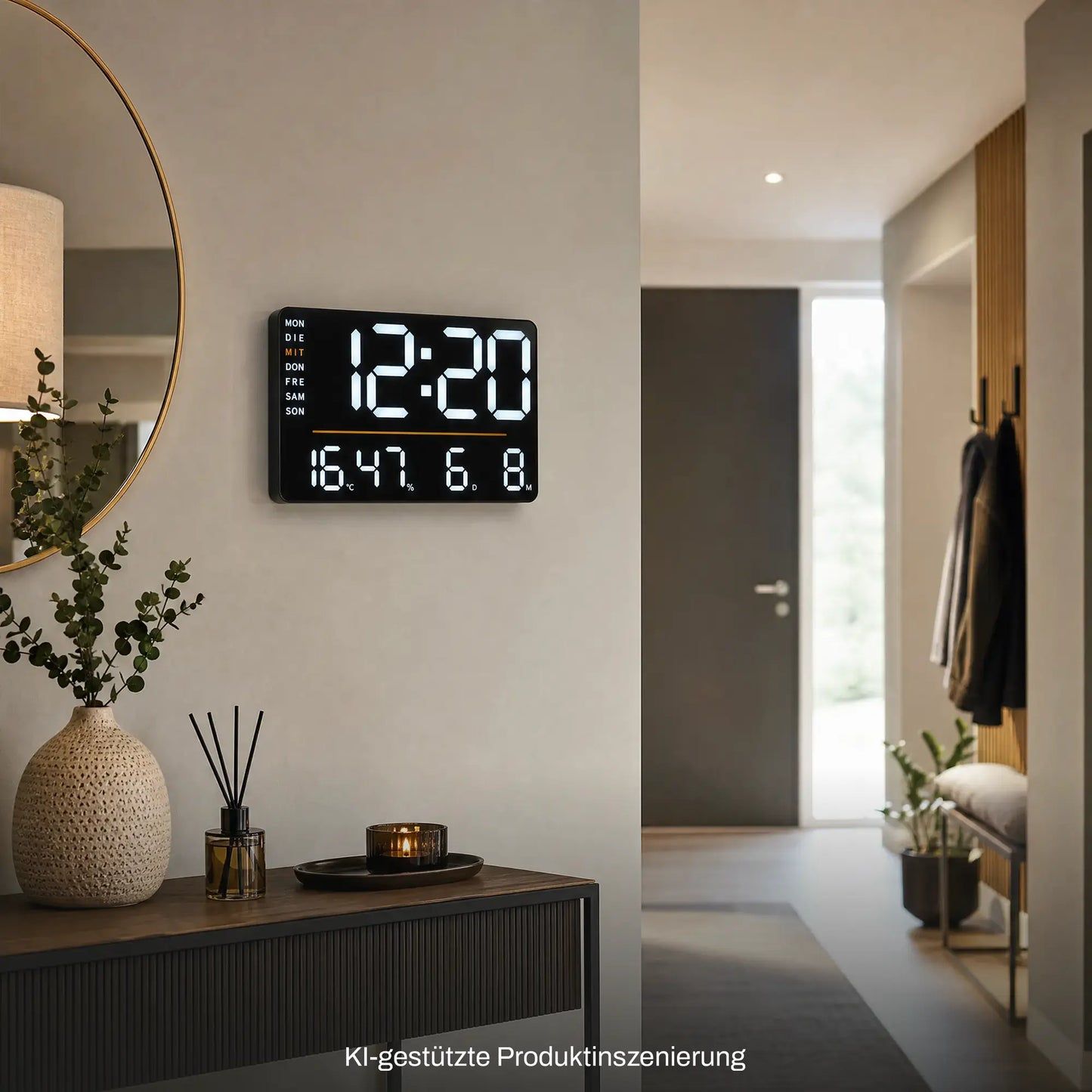 Digitale Tisch- und Wanduhr mit LED-Zeit- und Temperaturanzeige, an Wandmontage