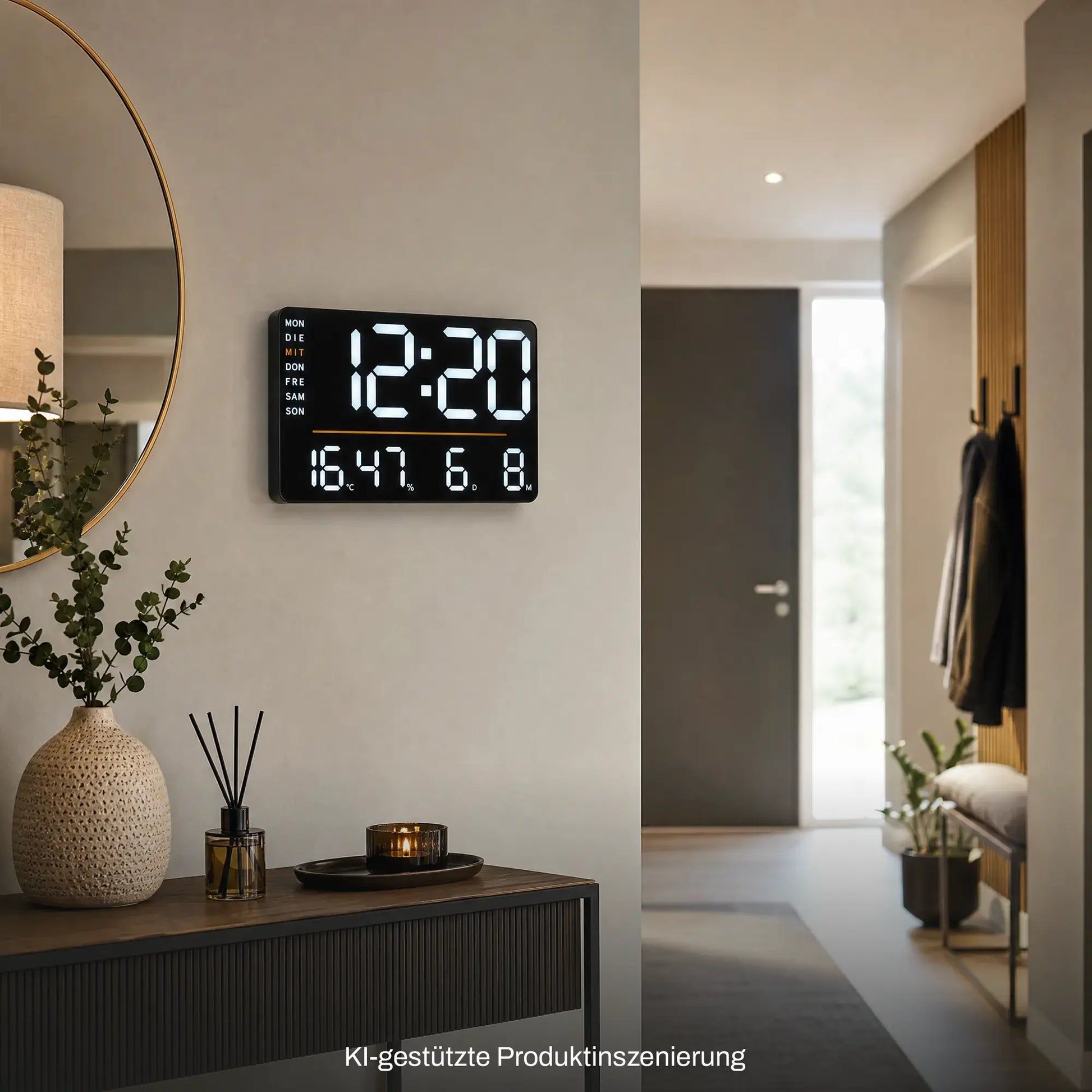Digitale Tisch- und Wanduhr mit LED-Zeit- und Temperaturanzeige, an Wandmontage