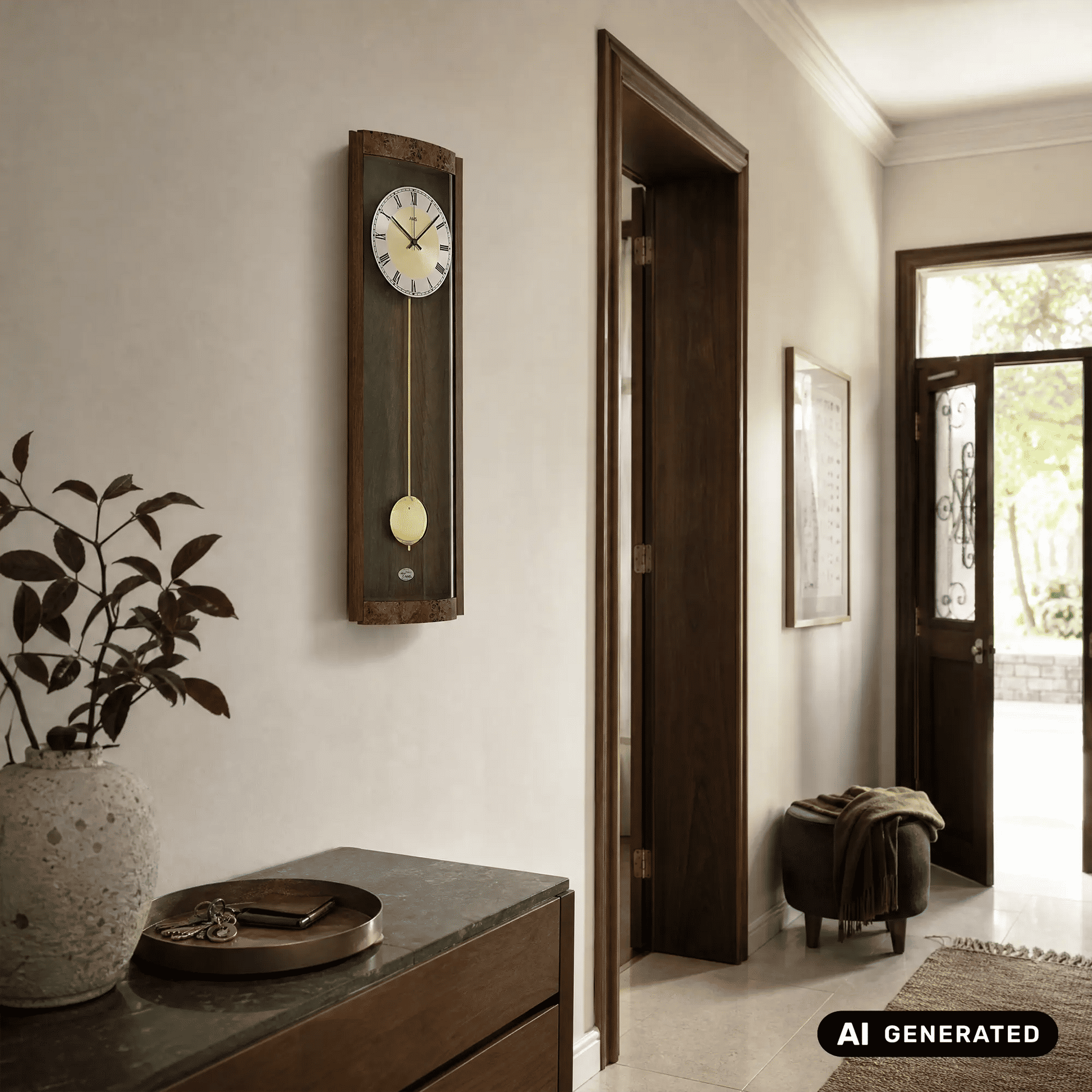 Wanduhr an der Wand, schmaler Holzrahmen mit rundem Zifferblatt und Pendel
