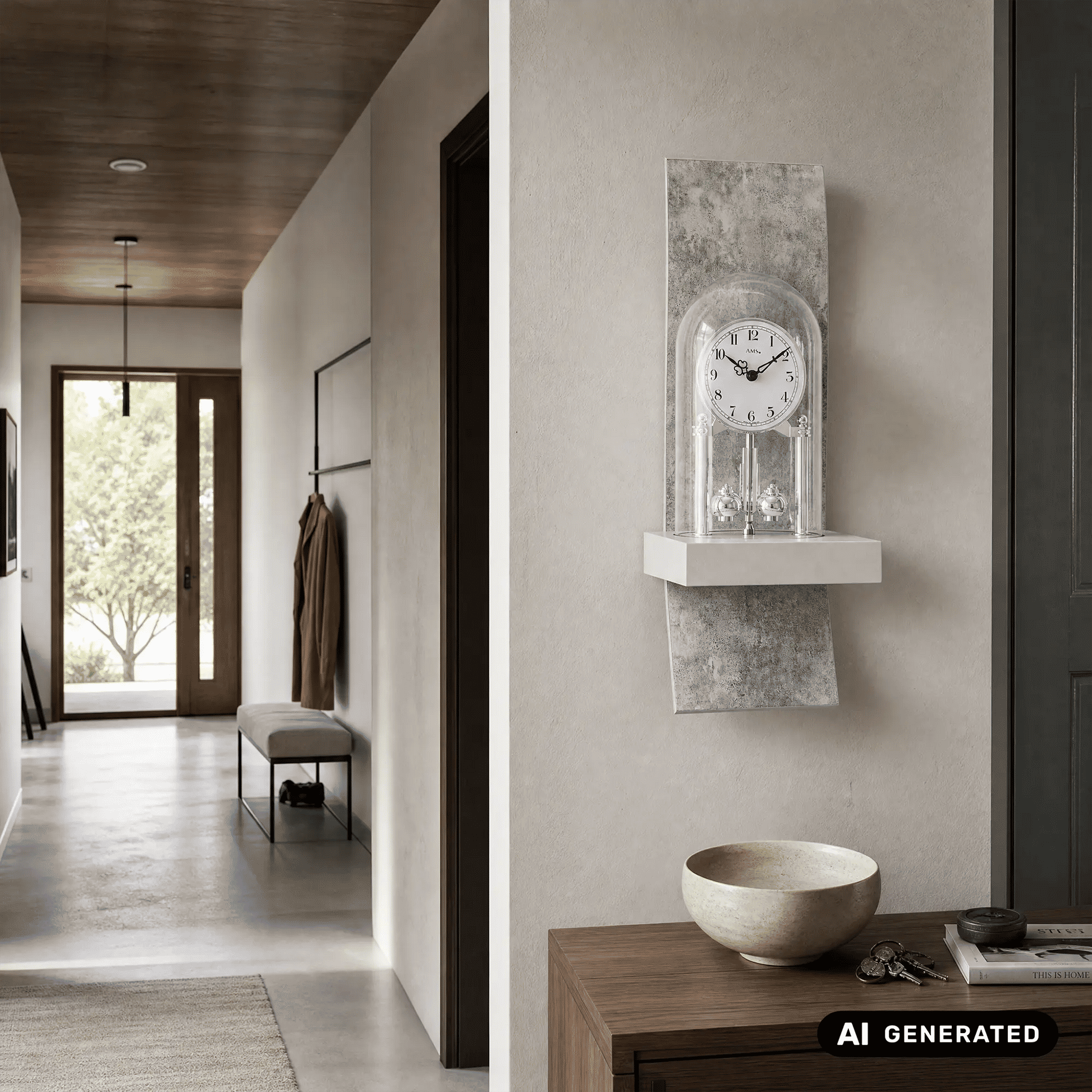 Silberne Wanduhr mit Glasfront, Pendelwerk und römischen Ziffern im Wohnraum