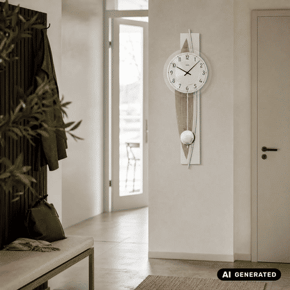 Wanduhr an der Wand: weißes Ziffernblatt, Mineralglasfront und Pendel an Holzstreifen