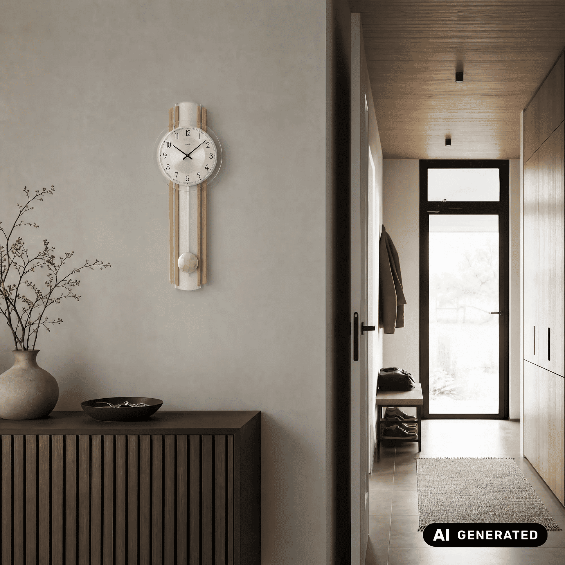 Wanduhr im Wohnraum: rundes Ziffernblatt, Holzrahmen und weißes Pendelglas