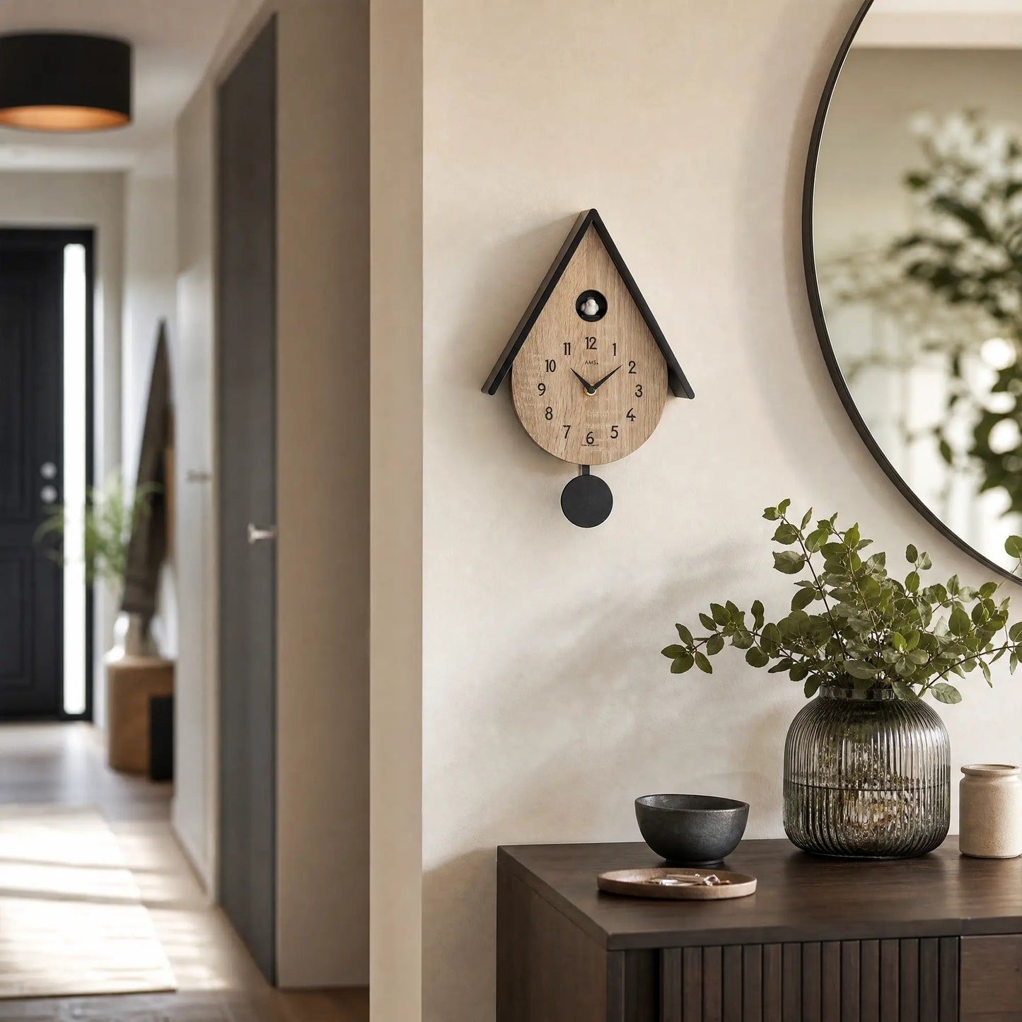Reloj de pared AMS W7512 • Mecanismo de cuarzo con péndulo • Melodía de pájaro