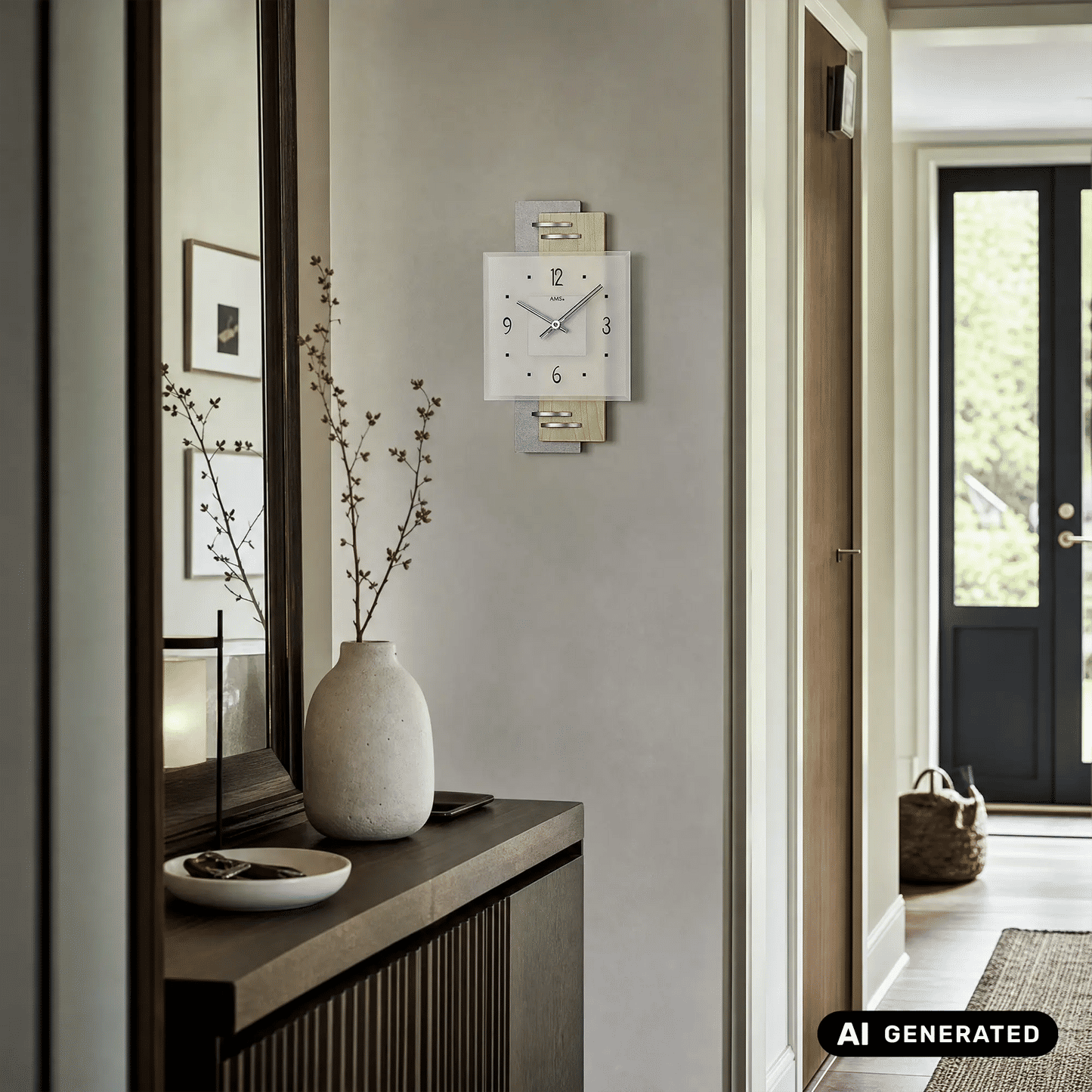 AMS Zegar ścienny kwarcowy W9248 Srebrny/Brązowy • Szkło mineralne • Wyprodukowano w Niemczech