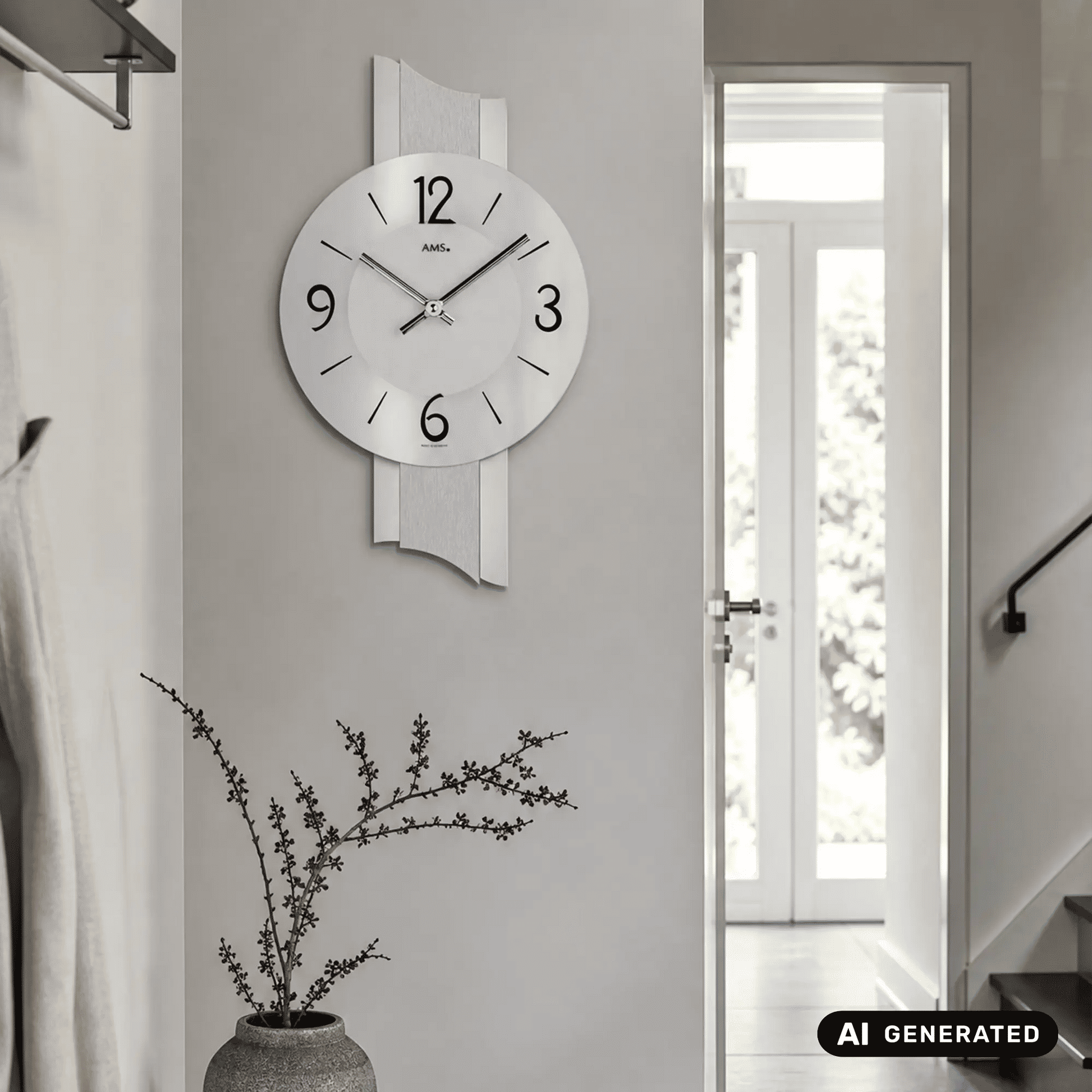 Wanduhr an der Wand mit weißem Zifferblatt, schwarzen Zahlen und schieferfarbenem Rahmen