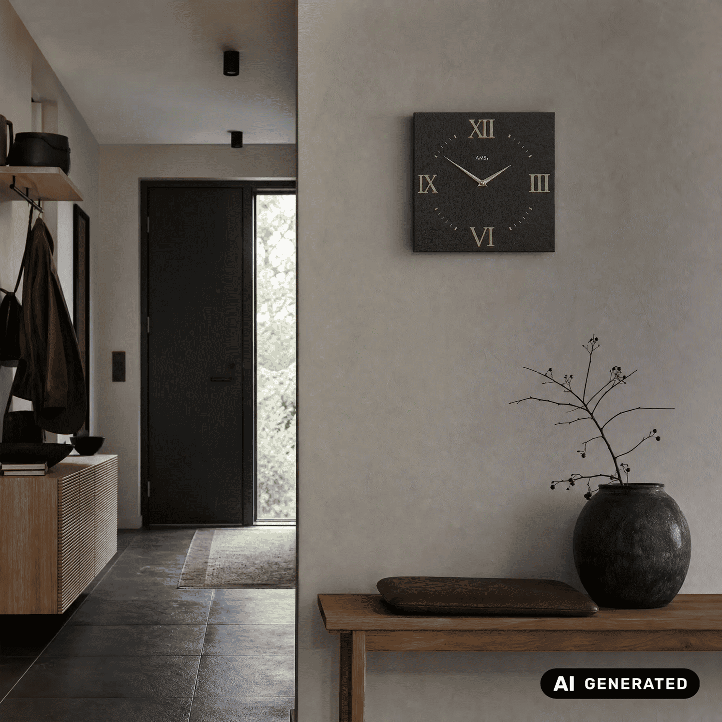 Wanduhr mit dunkler Schieferoptik, goldenen römischen Ziffern und AMS-Logo