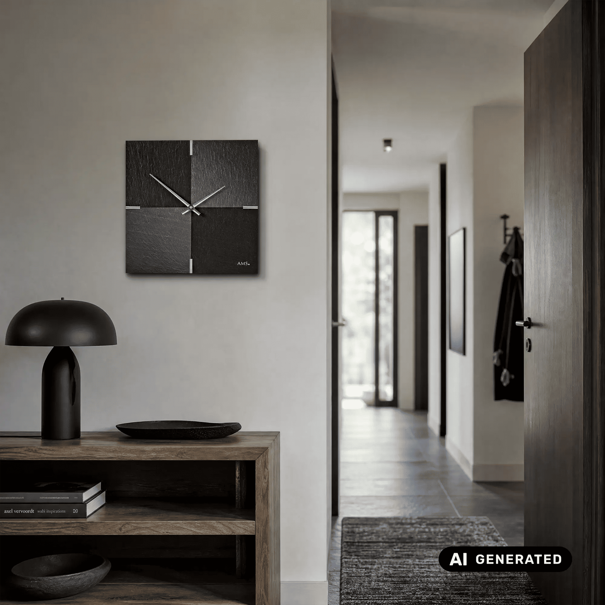 Wanduhr aus Naturschiefer mit silbernen Zeigern im quadratischen Design