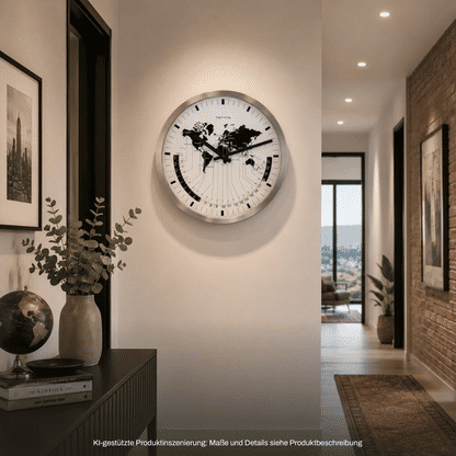 Runde Wanduhr mit Metallring und weißem Ziffernblatt, schwarze Weltkarte, römische Ziffern