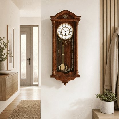 Reloj de pared de madera oscura con esfera y péndulo dorado en cristal.