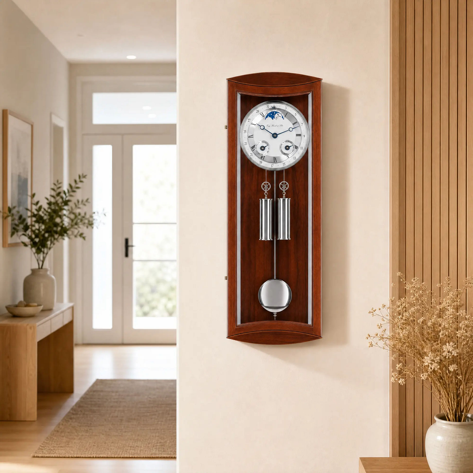 Reloj de pared de madera en la pared con esfera redonda, péndulo y gong redondo en marco de madera