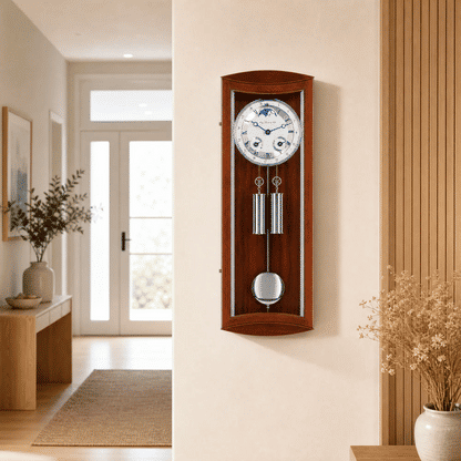 Reloj de pared de madera en la pared con esfera redonda, péndulo y gong redondo en marco de madera