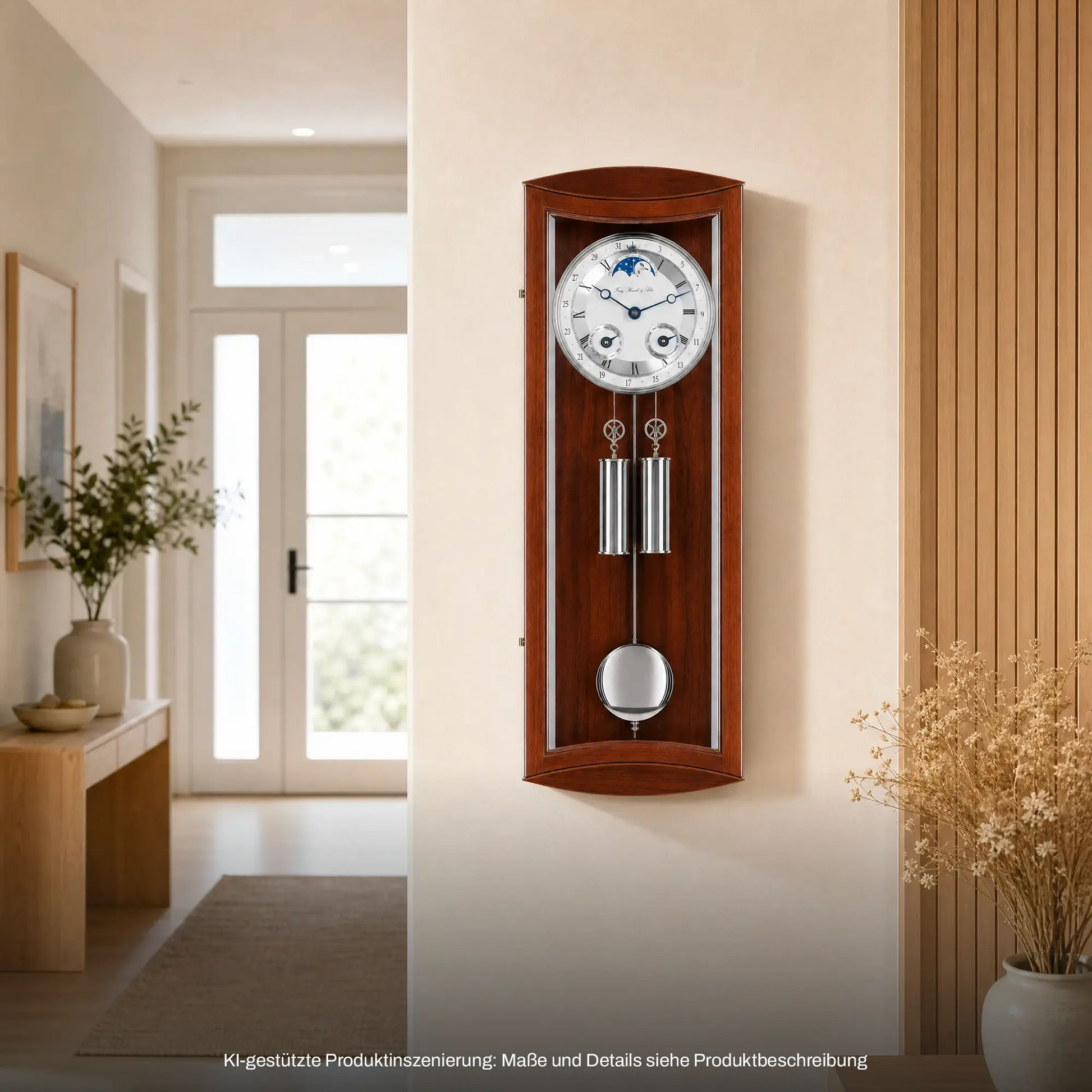 Holz-Wanduhr an der Wand, rundes Zifferblatt mit Pendelgewichten und seitlichen Gewichtsrohren