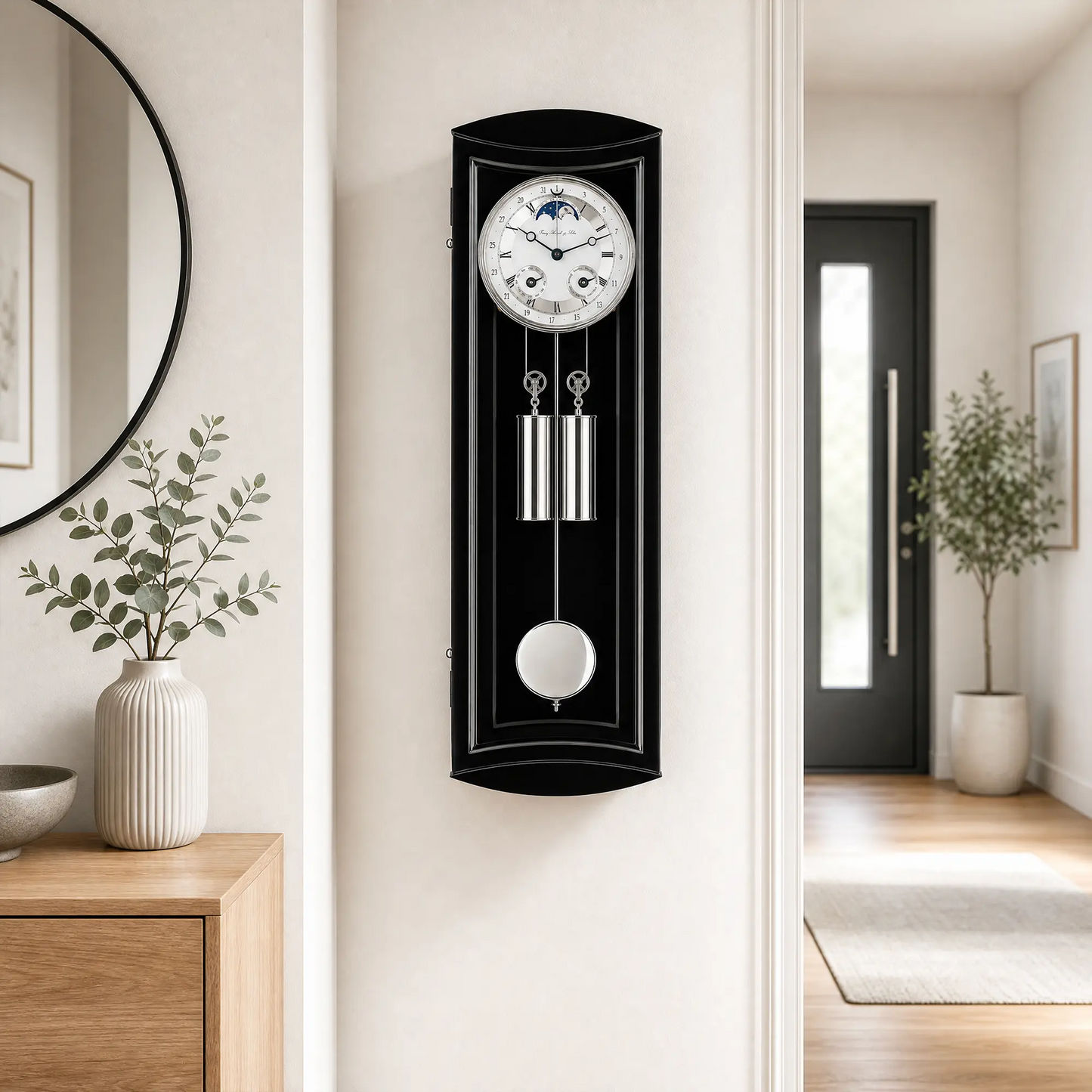 "Reloj de pared en la pared: caja negra, esfera blanca y franja de péndulo"