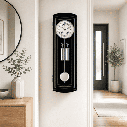 "Reloj de pared en la pared: caja negra, esfera blanca y franja de péndulo"