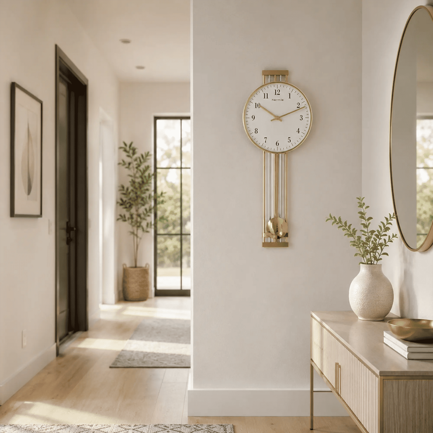 Reloj de pared con caja dorada y esfera blanca, tres delgadas varillas de péndulo.