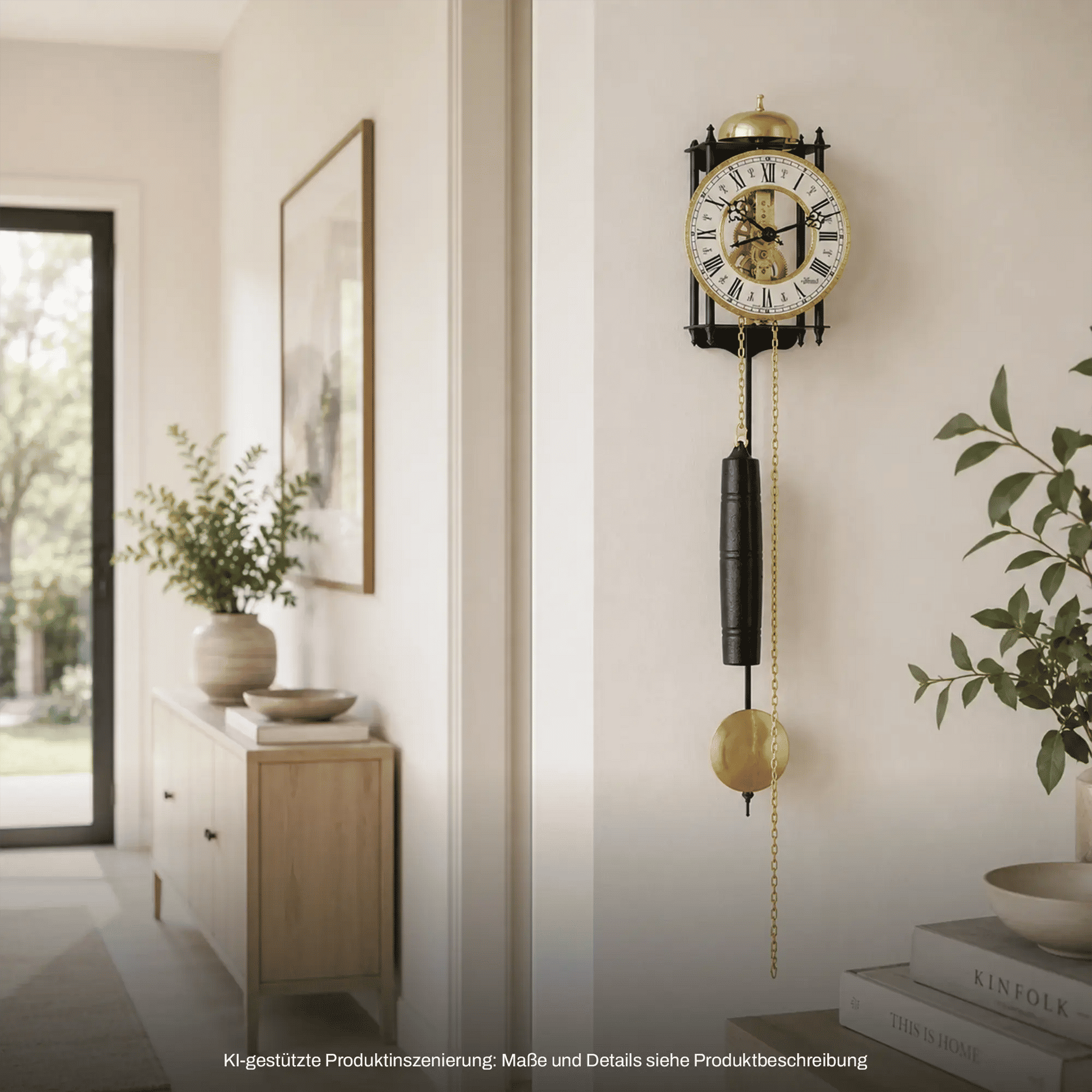 Wanduhr mit rundem Ziffernblatt, goldenen Pendelgewichten und schwarzem Kettenzug