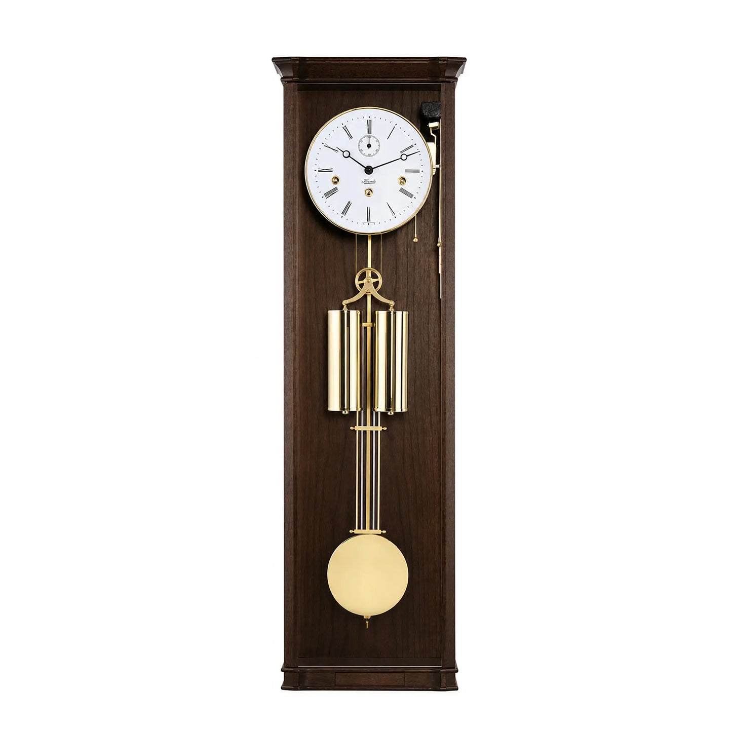 Reloj de pared color nogal con esfera redonda y péndulo de latón