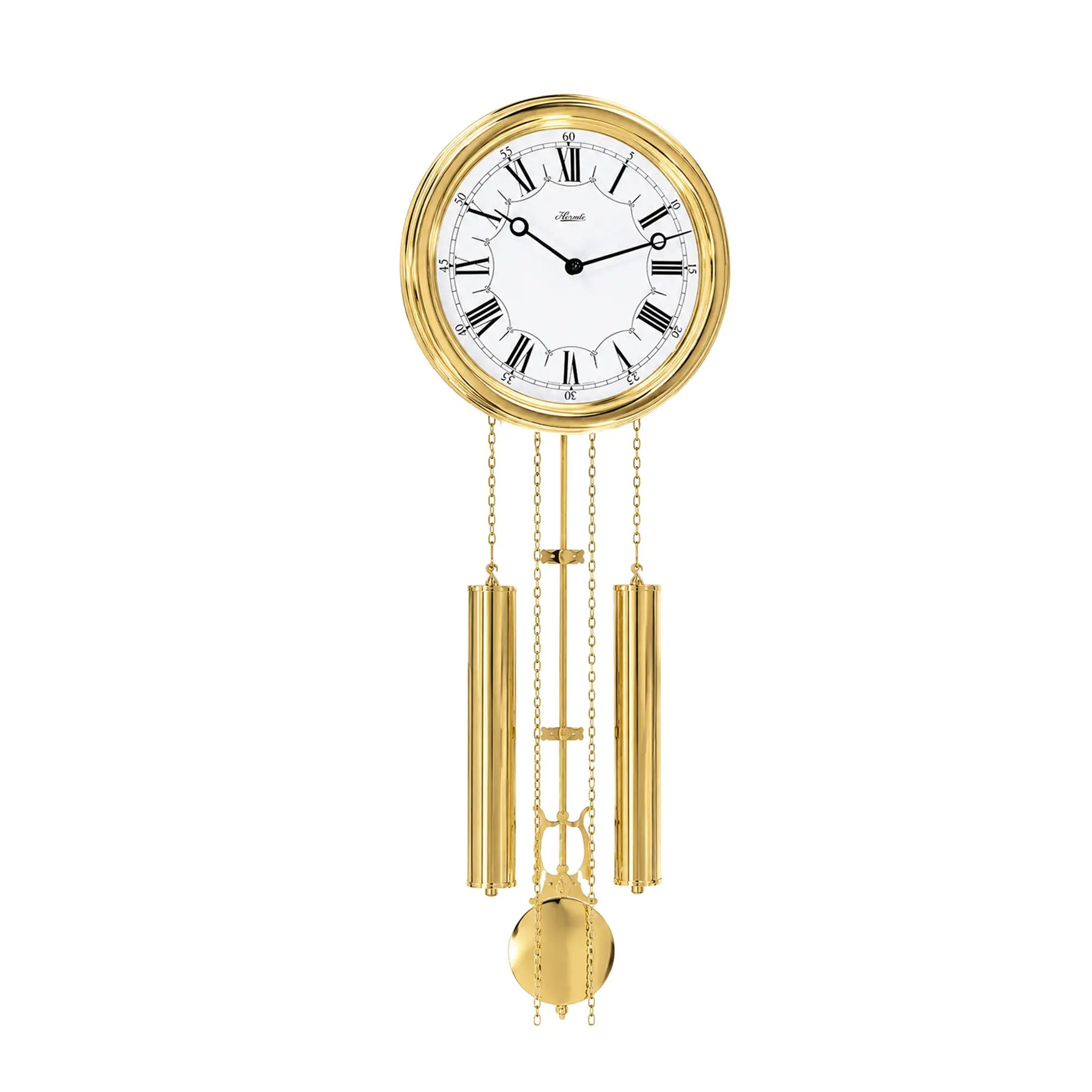 "Reloj de pared de latón con esfera redonda y péndulo de cadena dorado, números romanos"