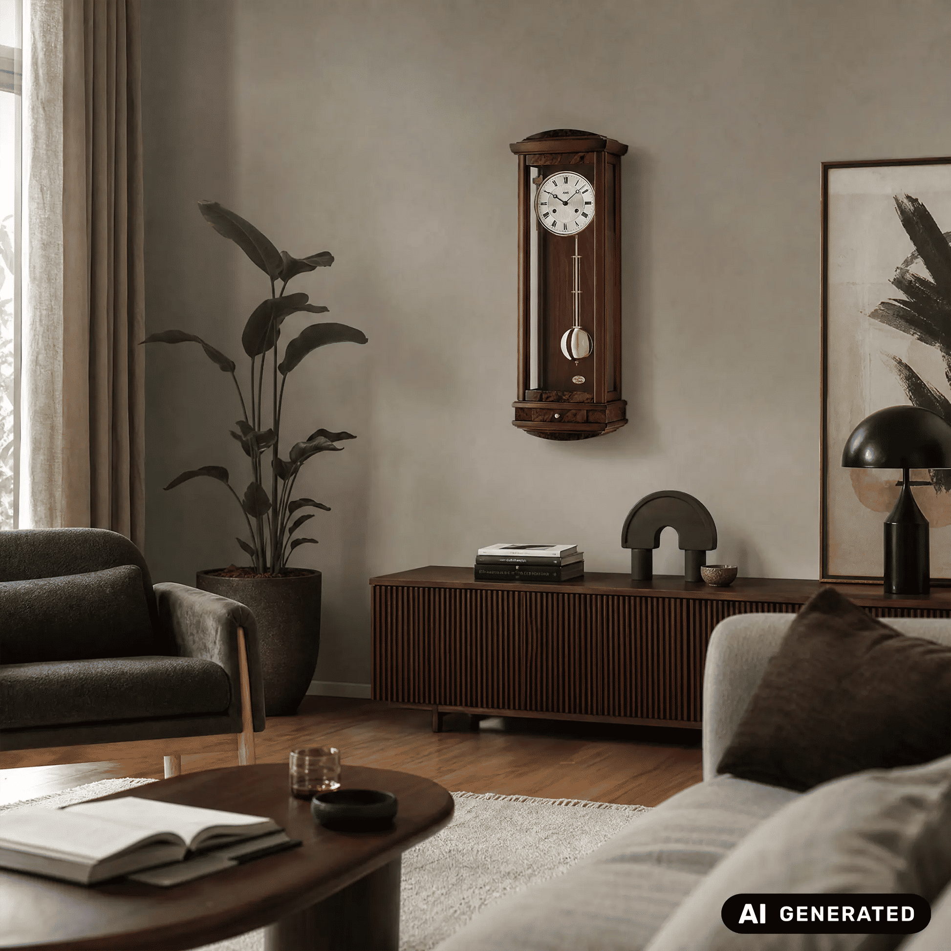 Wandwanduhr aus Nussbaumholz mit rundem Ziffernblatt und goldenem Pendel