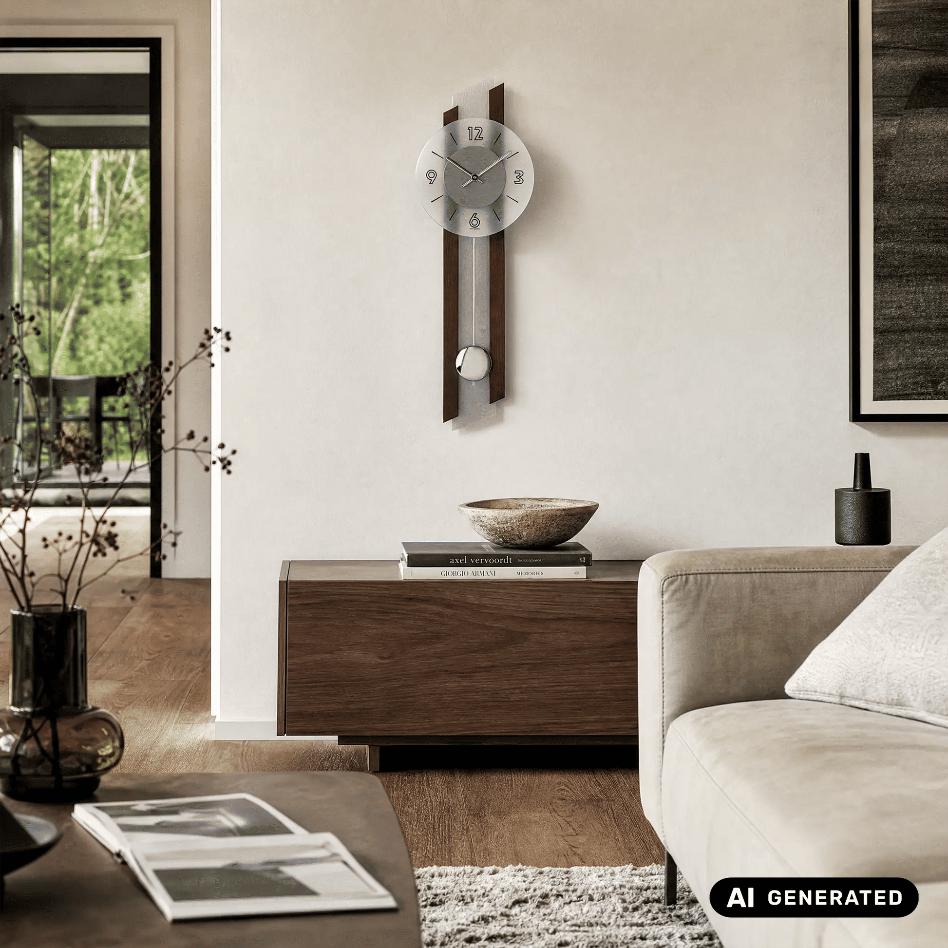 Wanduhr mit rundem Zifferblatt, Pendelgewicht und Nussbaum-Holzplatte an der Wand