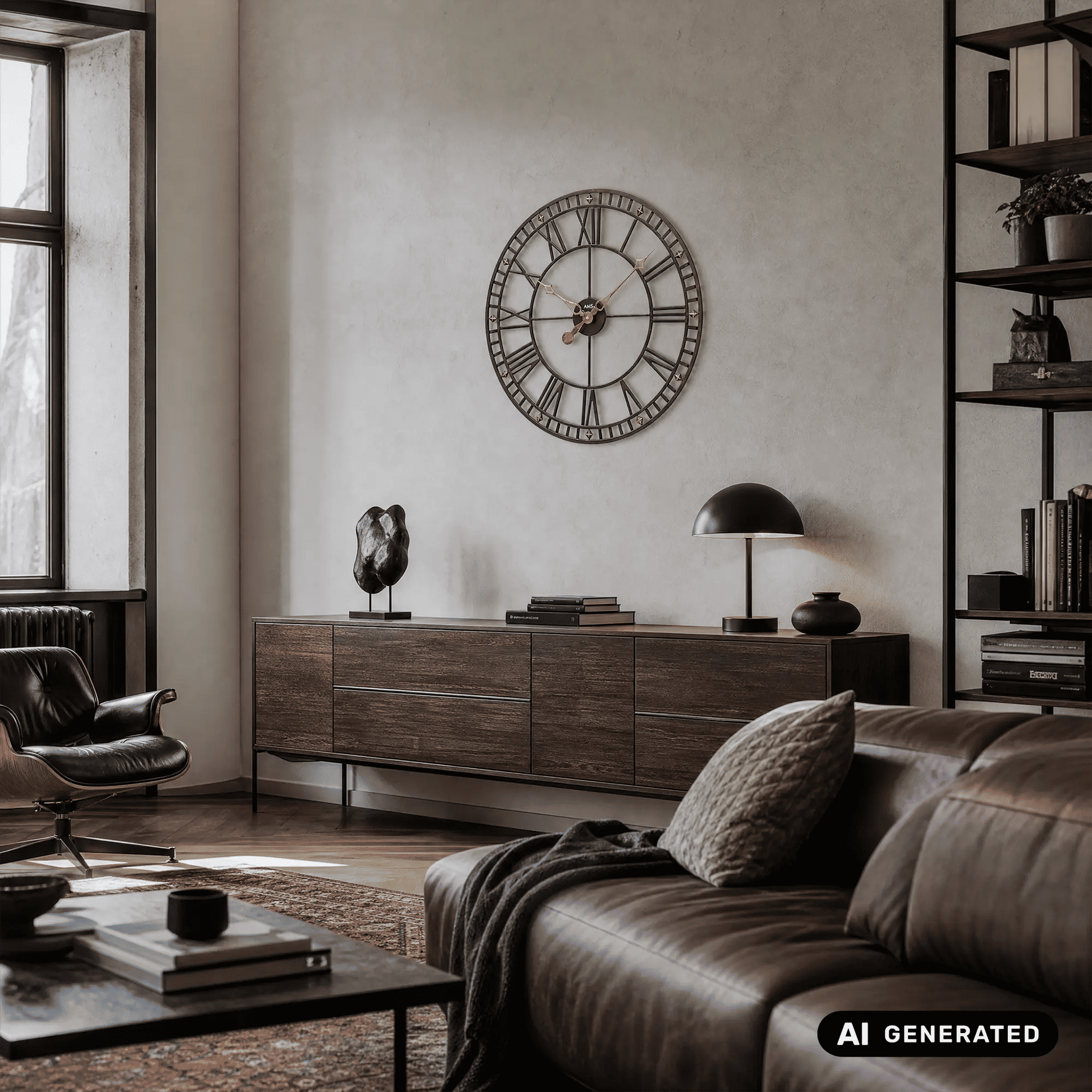 Wanduhr über Sideboard: runder Ziffernring, Metallgehäuse, goldene Zeiger und schwarze Details