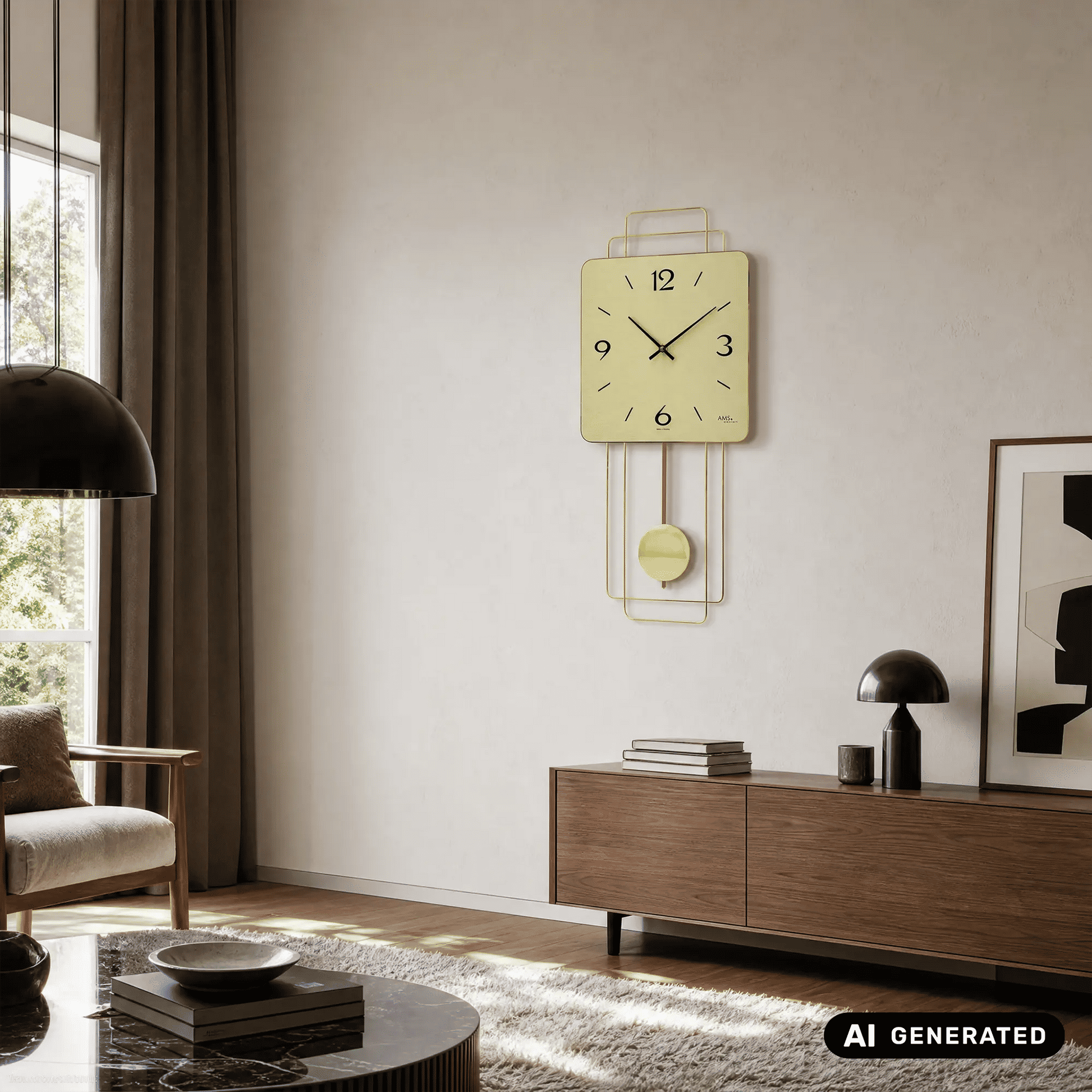 Wandmontierte Wanduhr mit goldfarbenem Rahmen, Ziffern 12–6 und rundem Pendel