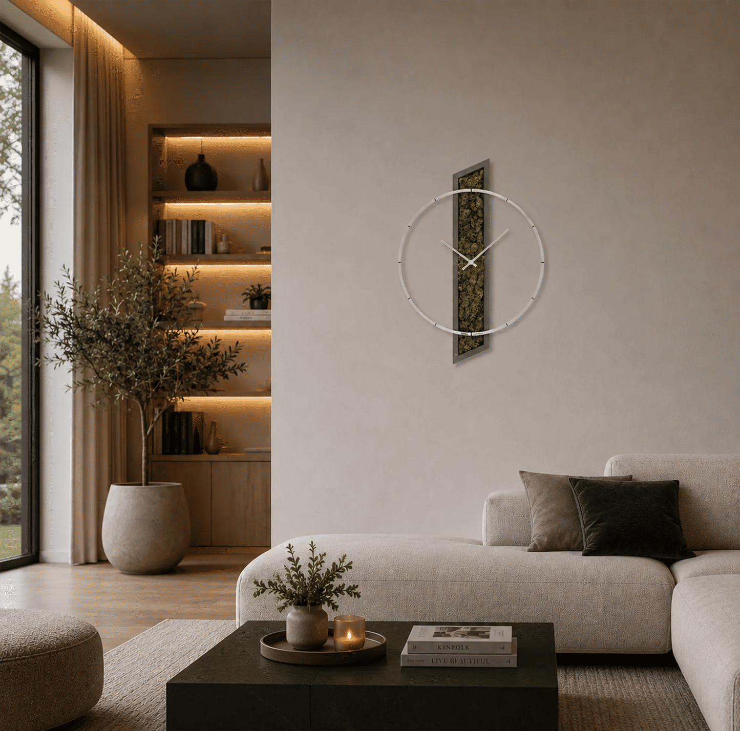 Wanduhr mit rundem Aluminiumring und vertikalem Moosgrün-Zifferblatt an der Wand