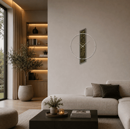 Wanduhr mit rundem Aluminiumring und vertikalem Moosgrün-Zifferblatt an der Wand