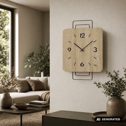Reloj de pared AMS W9692 roble Sonoma • Mecanismo de cuarzo • Diseño de metal