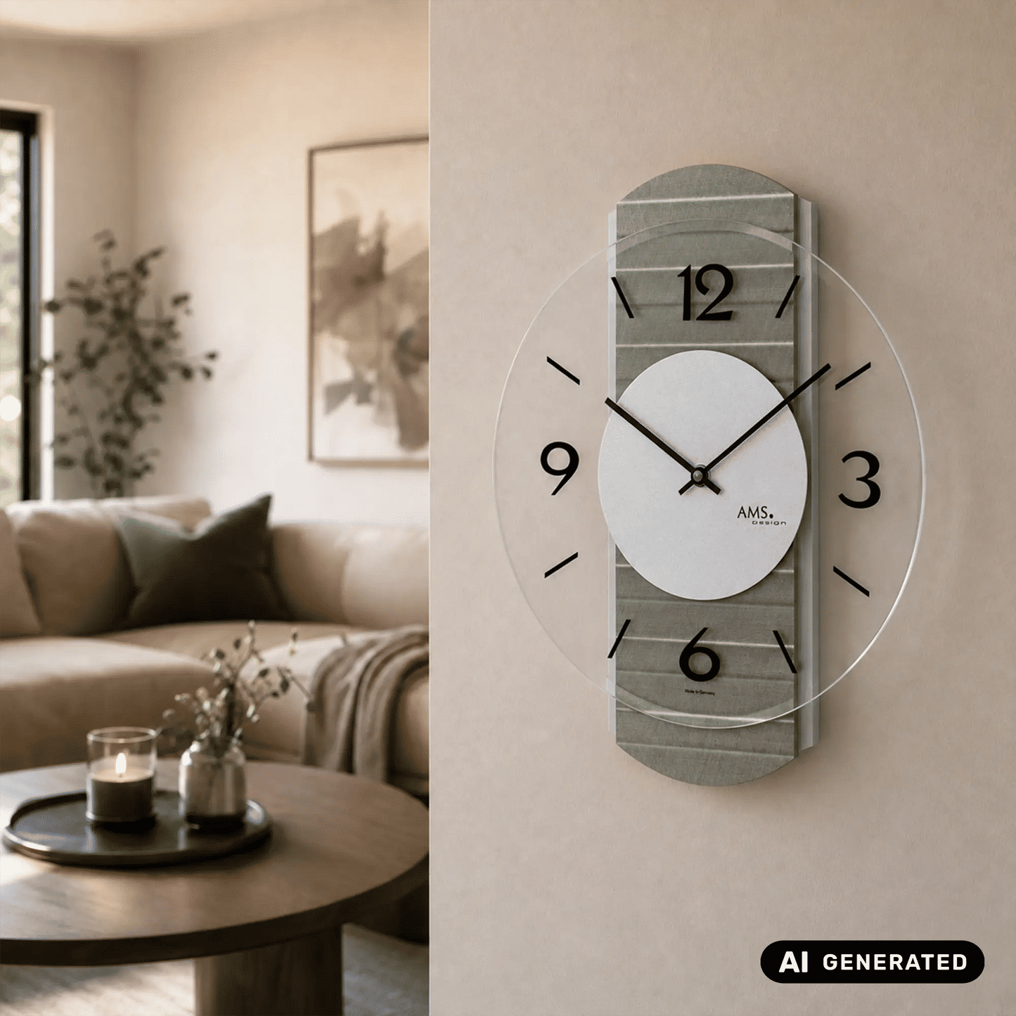 Wanduhr mit grauem Holzgehäuse und transparentem Facettenglas, schwarze Zahlen und Zeiger