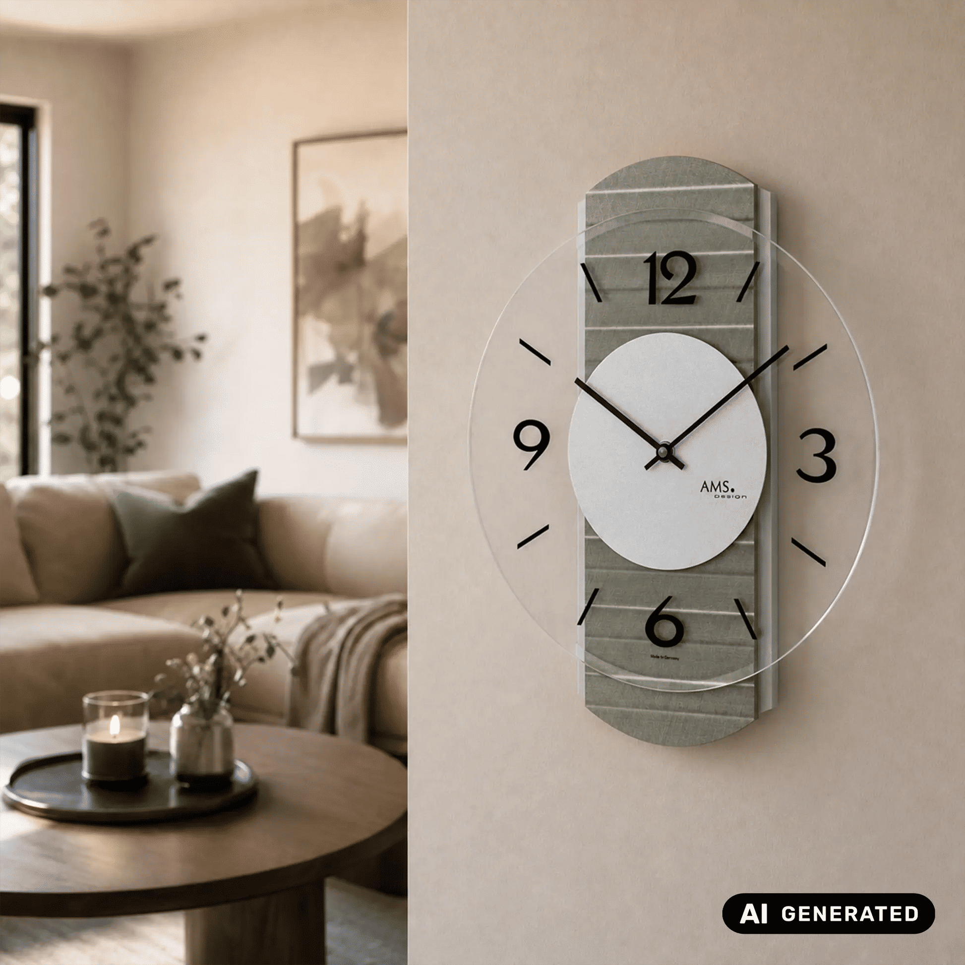 Wanduhr mit grauem Holzgehäuse und transparentem Facettenglas, schwarze Zahlen und Zeiger