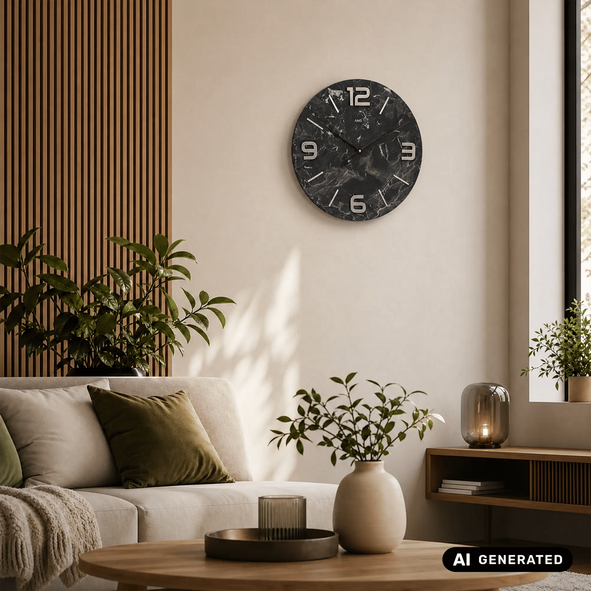 Wanduhr an der Wand mit rundem, dunklem Marmorzifferblatt und Metallzahlen