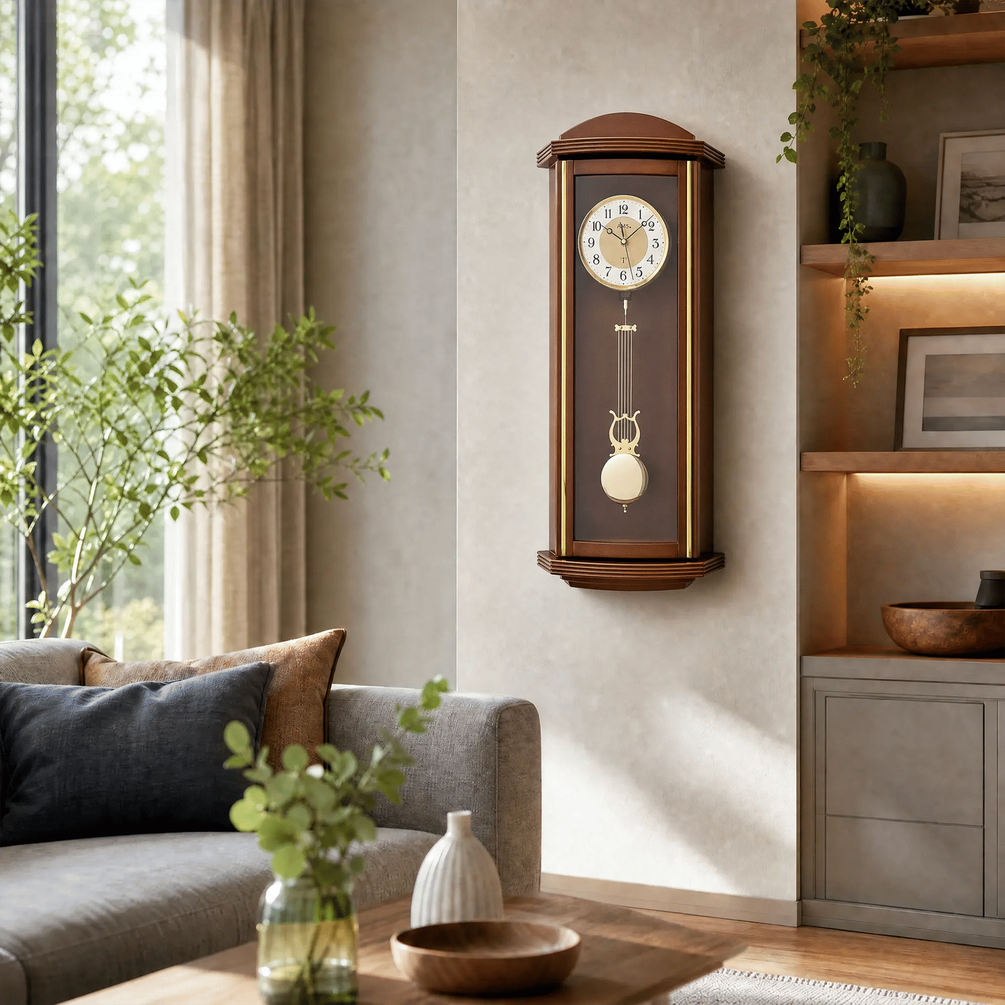 Reloj de pared AMS Funk F5015/1 • Caja de madera lacada en nogal • Péndulo con mecanismo de sonería Westminster