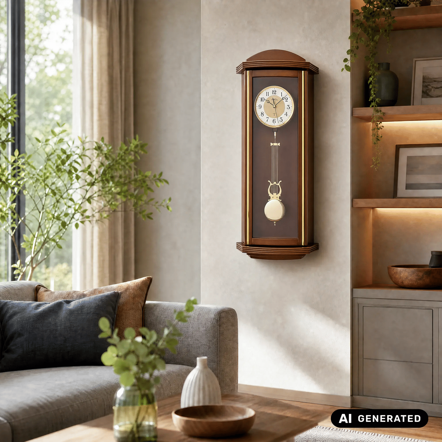 Walnussfarbene Funk-Pendelwanduhr mit Pendel, Glasfront und gut lesbarem Ziffernblatt