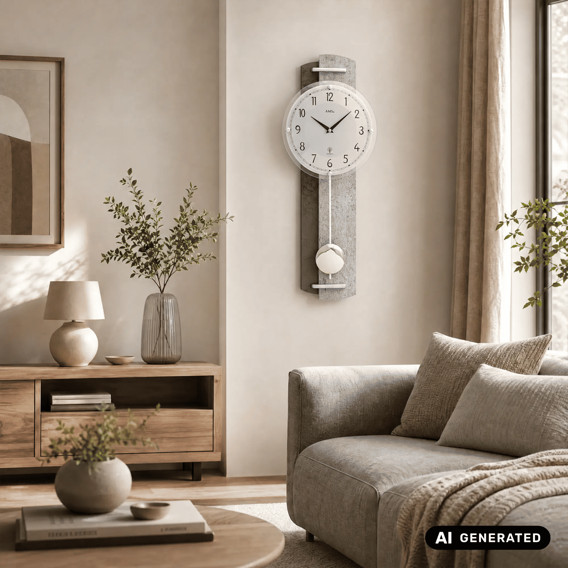 Wanduhr mit Steinstrukturgehäuse und Pendel, weißes Zifferblatt, grauer Rahmen