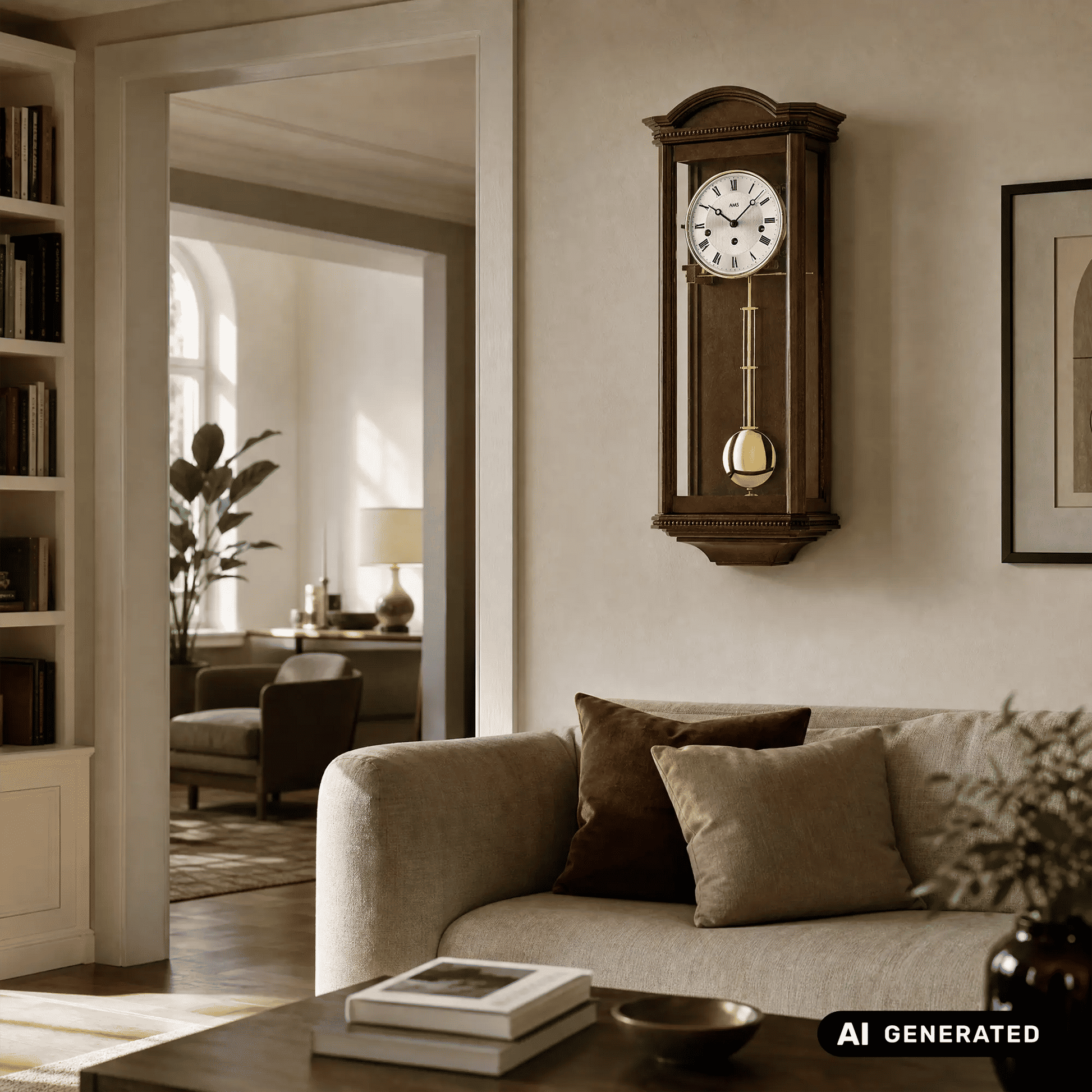 Regulator-Wanduhr mit Nussbaum-Holzgehäuse und Pendelgewicht, weißes Zifferblatt