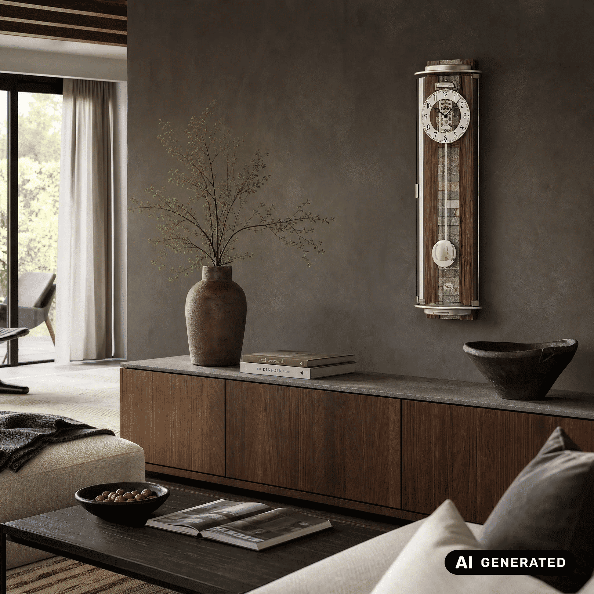 Regulator-Wanduhr im Nussbaumholzgehäuse mit Glasfront und sichtbarem Zifferblatt