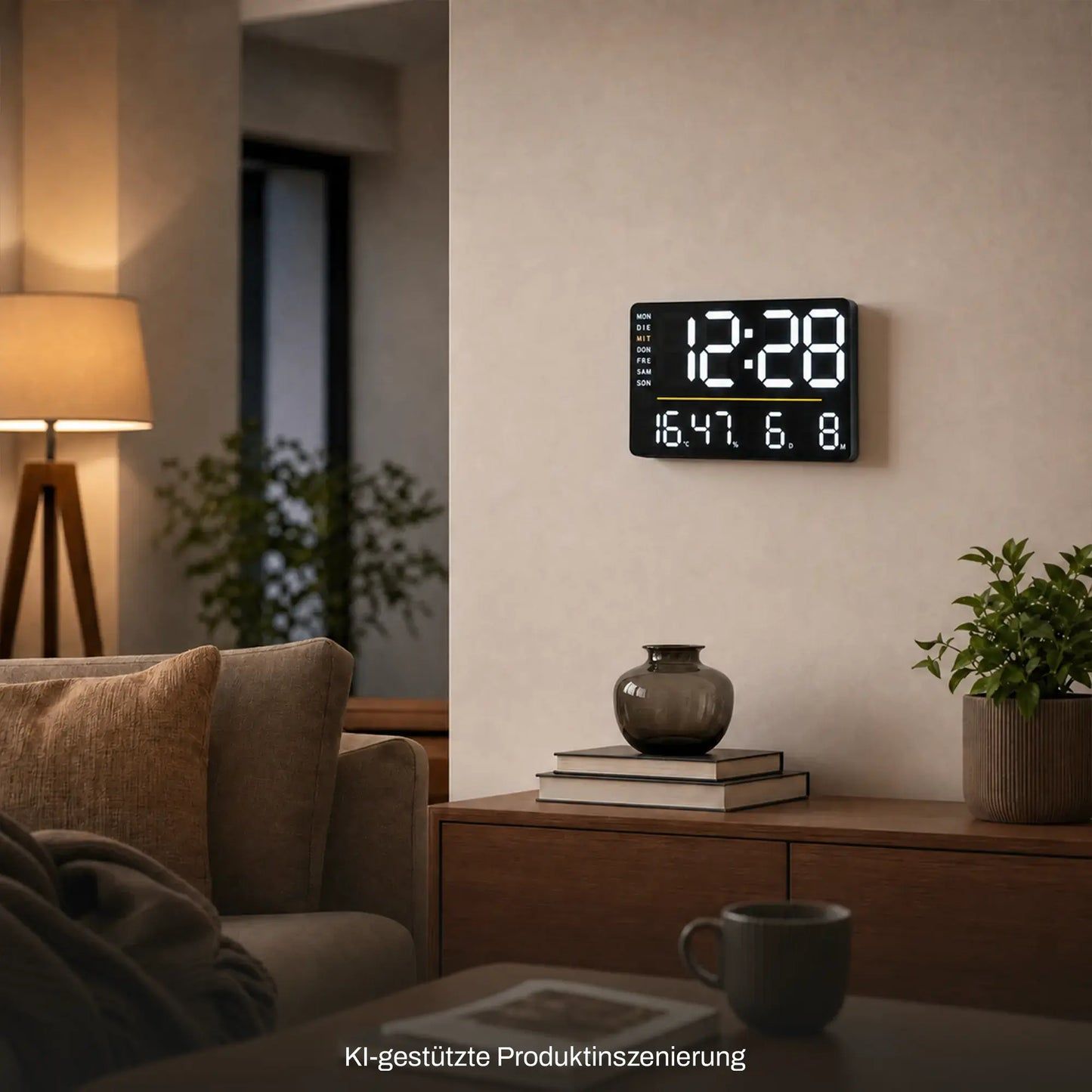 Digitale Wanduhr mit LED-Display und Thermometer, an heller Wand