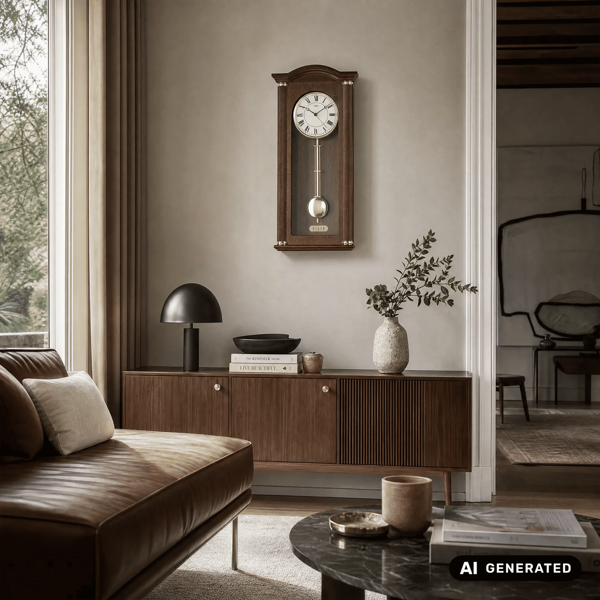 Wanduhr in Nussbaumoptik mit rundem Zifferblatt, römischen Ziffern und Pendel