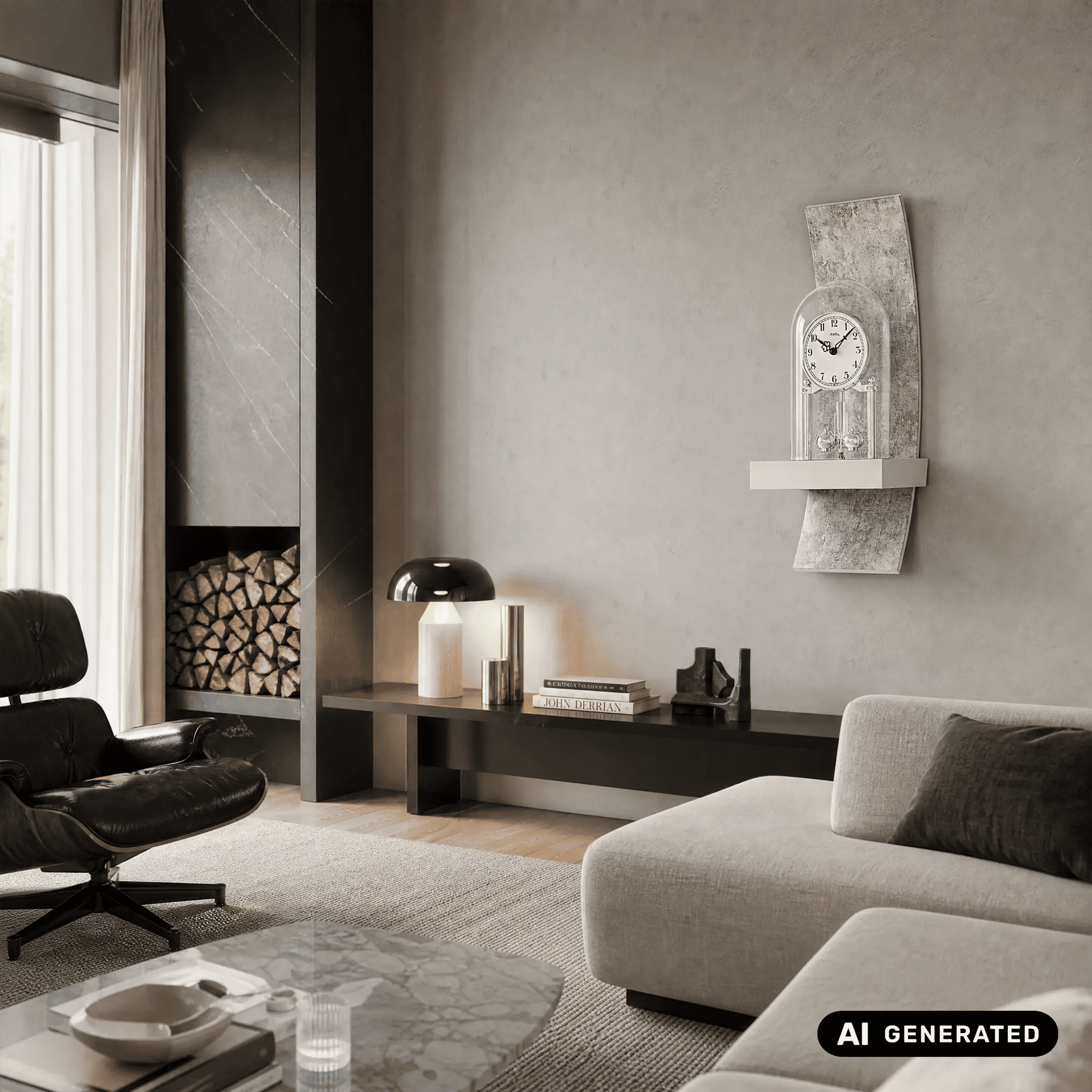 Antik-silberne Jahresuhr an der Wand mit Glasfront, Pendelwerk und römischen Ziffern