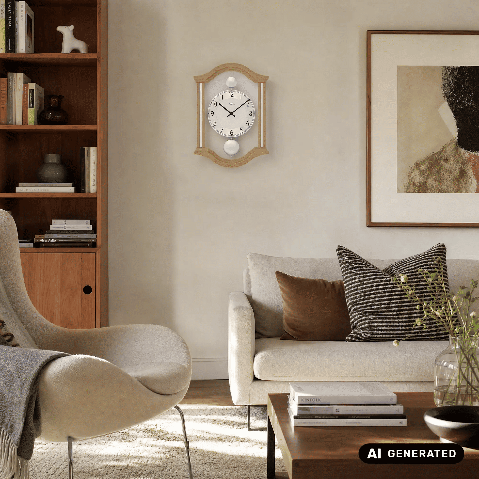 Wanduhr an der Wand: helles Holz, weißes Zifferblatt, zwei runde Pendelgewichte