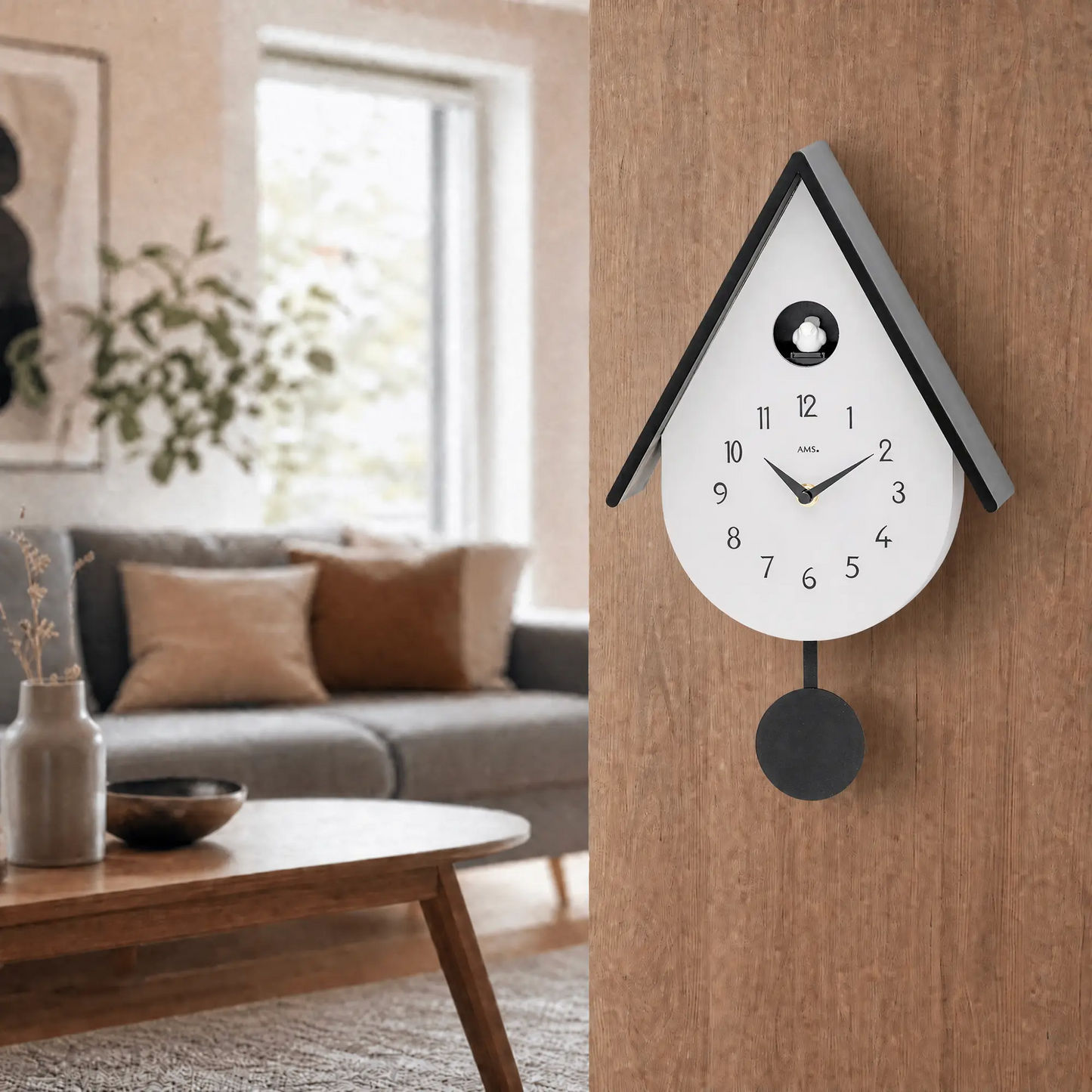 Reloj de pared AMS W7510 • Mecanismo de péndulo de cuarzo • Melodía de pájaro