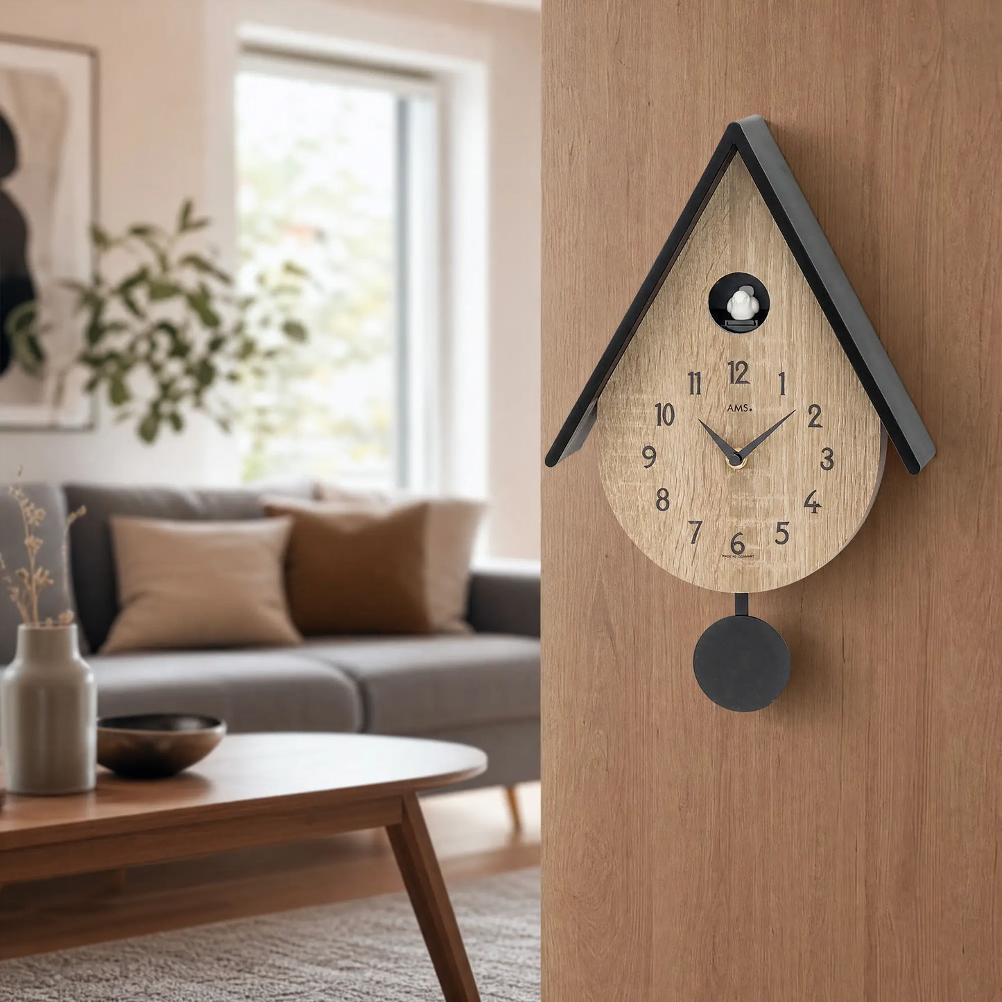 Reloj de pared AMS W7512 • Mecanismo de cuarzo con péndulo • Melodía de pájaro