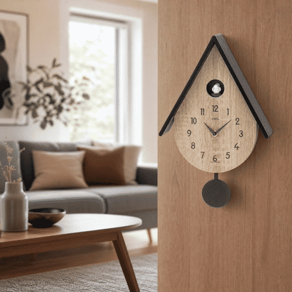 Reloj de pared AMS W7512 • Mecanismo de cuarzo con péndulo • Melodía de pájaro