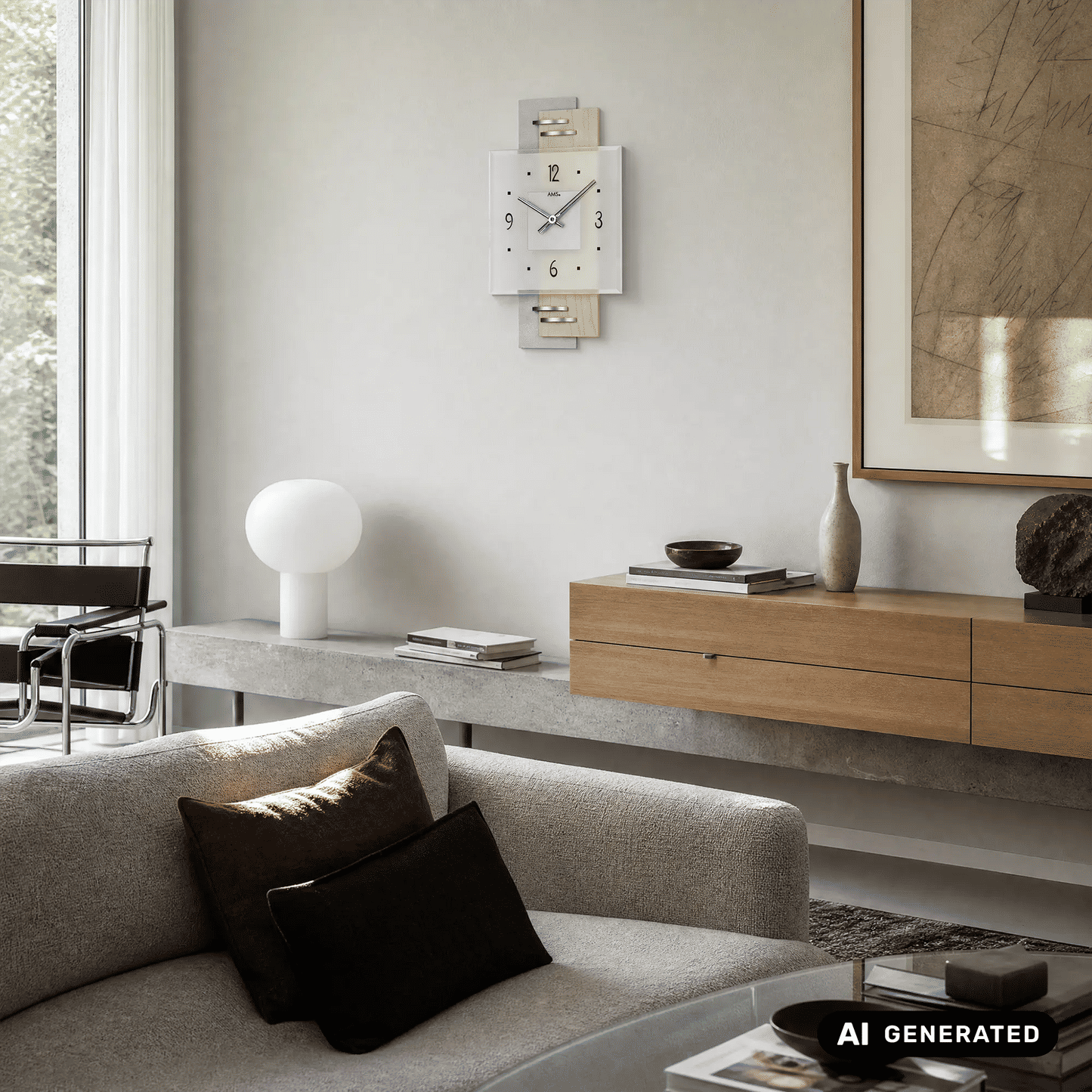 AMS Zegar ścienny kwarcowy W9248 Srebrny/Brązowy • Szkło mineralne • Wyprodukowano w Niemczech