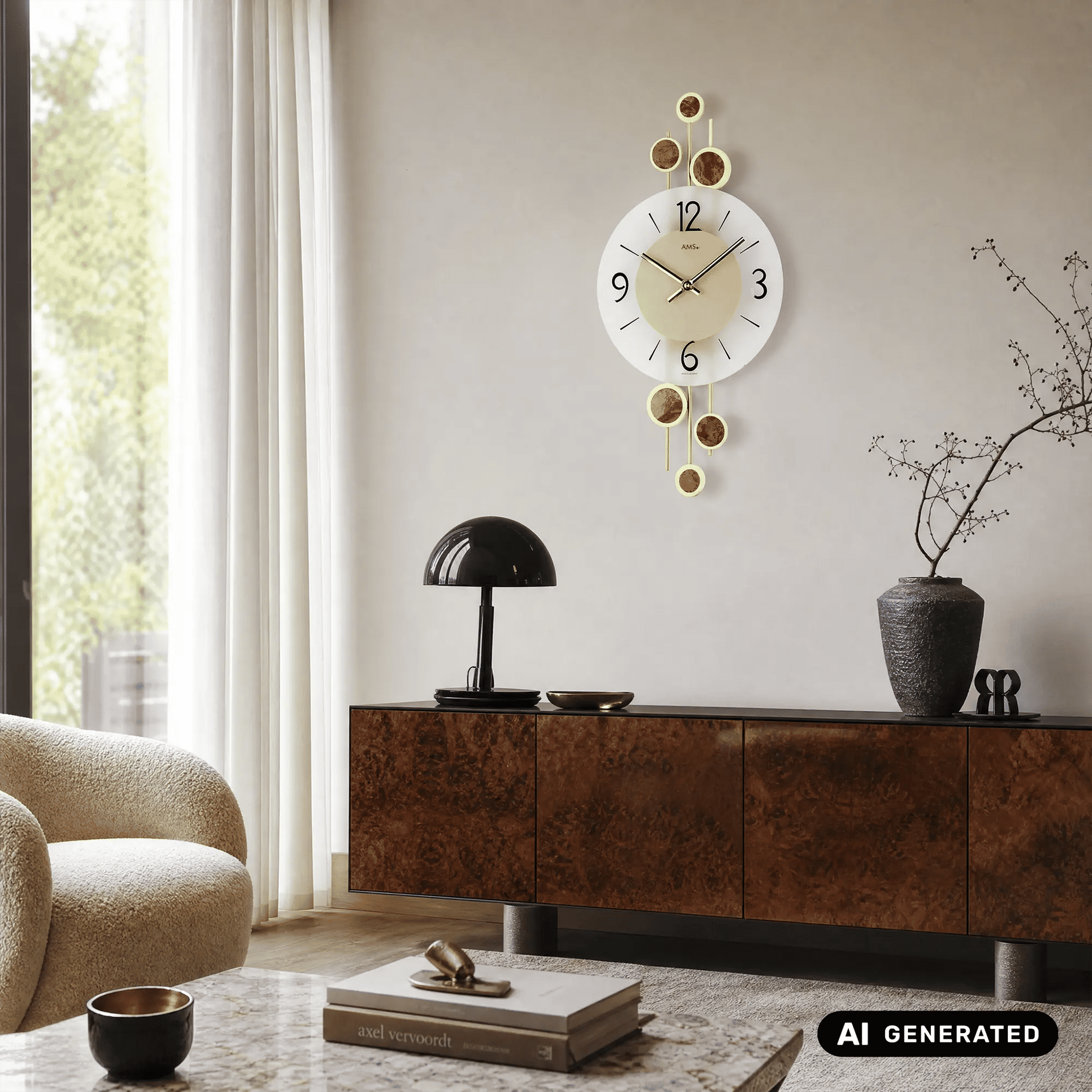 Wanduhr mit weißem Zifferblatt, goldenen Metallringen und schlanken Zeigern