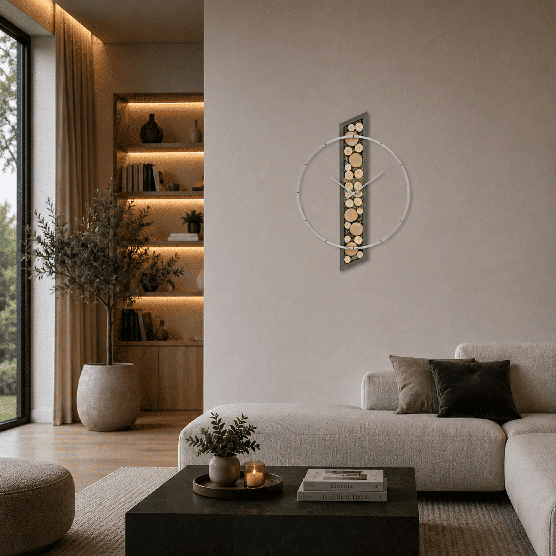 Wanduhr mit Aluminium-Frontring und Holzscheiben, Holzrahmen mit Moosfläche