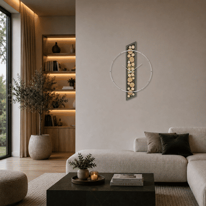 Wanduhr mit Aluminium-Frontring und Holzscheiben, Holzrahmen mit Moosfläche