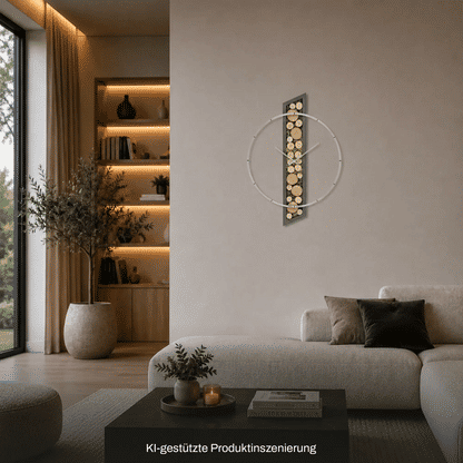 Wanduhr an der Wand: runder Aluminiumrahmen mit Holz-Moos-Segmenten in Vertikalform
